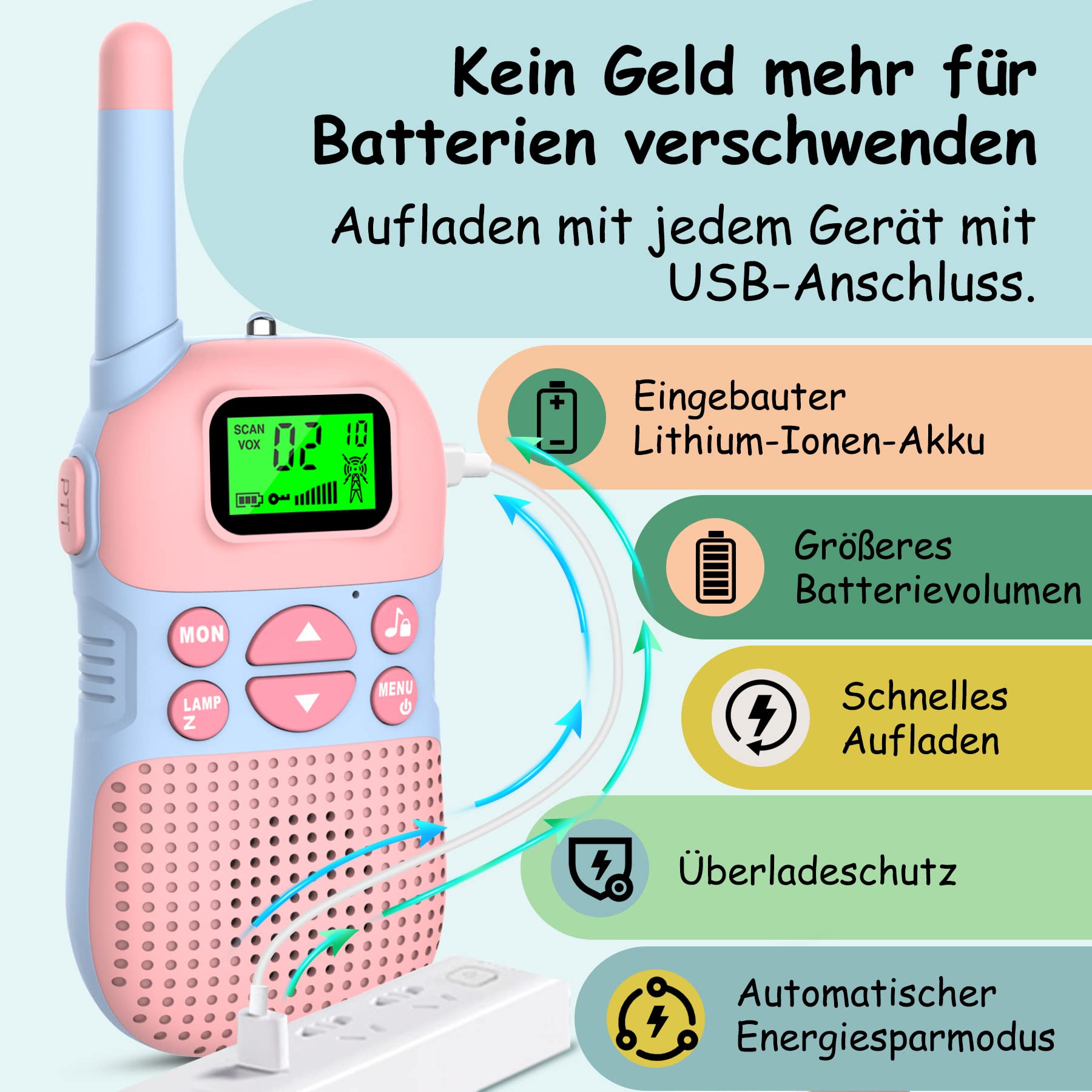 Kidsfun 2×Walkie Talkie dla Dzieci, USB Ładowanie Zabawka na Zewnątrz Walkie Talkie z Latarką, Prezent dla Chłopców i Dziewcząt od 3 Lat, Zasięg 3 Mile na Zakupy, na Zewnątrz, Camping