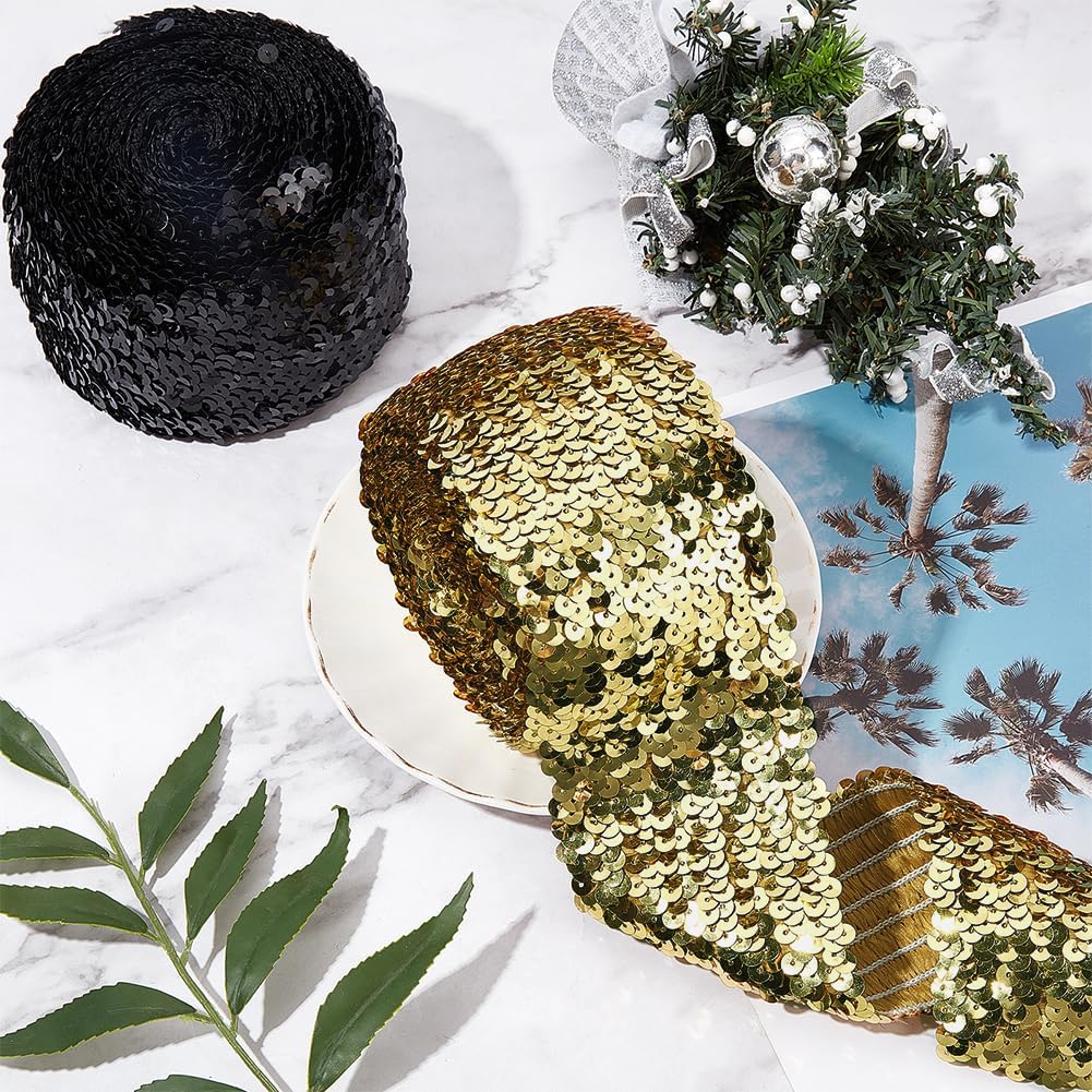 FINGERINSPIRE 5.5 Yards 3 Inch Wide Gold Elastic Sequin Ribbon Flat Sequins Paillette Lace Trim Stretch Bling Ribbon Metallic Fabric For Dress Headband Sewing Craft