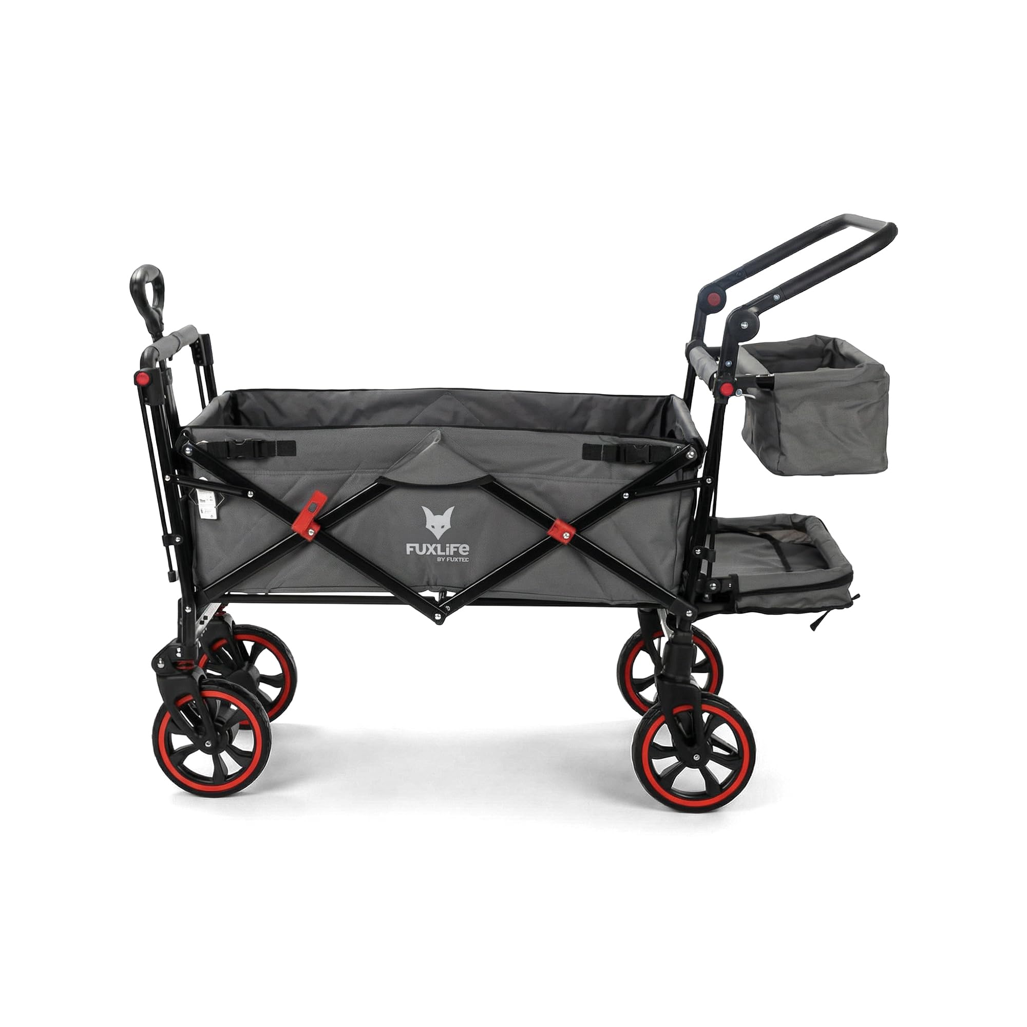 FUXLIFE Bollerwagen FX-CT850 Grau - Komfort faltbar • Kinder Transportwagen mit Sonnendach • gepolsterter Innenraum mit Verlängerung • gefederte Räder • klappbarer Handwagen mit Hecktasche