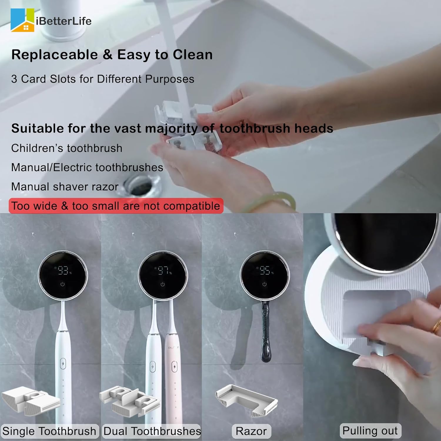 Original Wall Mounted Toothbrush Holders - Rechargeable Electric Toothbrush Holder, Cleaner & Dryer, Auto Inductive Open/Close Cover + 4Pc Silicone Tooth Brush Razor Holder for Bathroom Shower