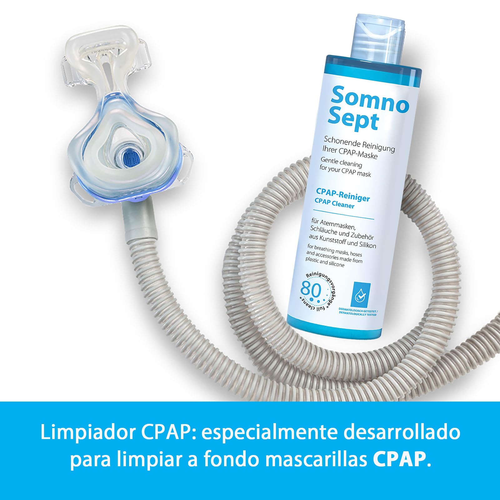 Paquete de limpieza CPAP: 3 limpiador CPAP, SomnoSept 400 ml y 1 cepillo de manguera Oxyhero CPAP, 120 cm, 19 mm, limpieza profunda de máscara CPAP, manguera CPAP, limpiador de silicona