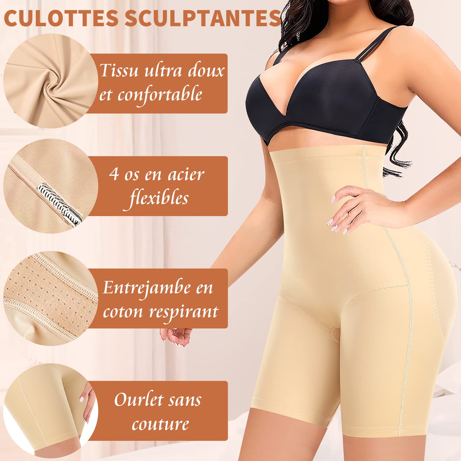 Culotte Gainante Femme Ventre Plat Invisible Short Gainant Taille Haute Gaine Amincissante Culotte Sculptante Pantalon Gainant Panty Gainant Anti Frottement Cuisse Dentelle Shorts sans Couture