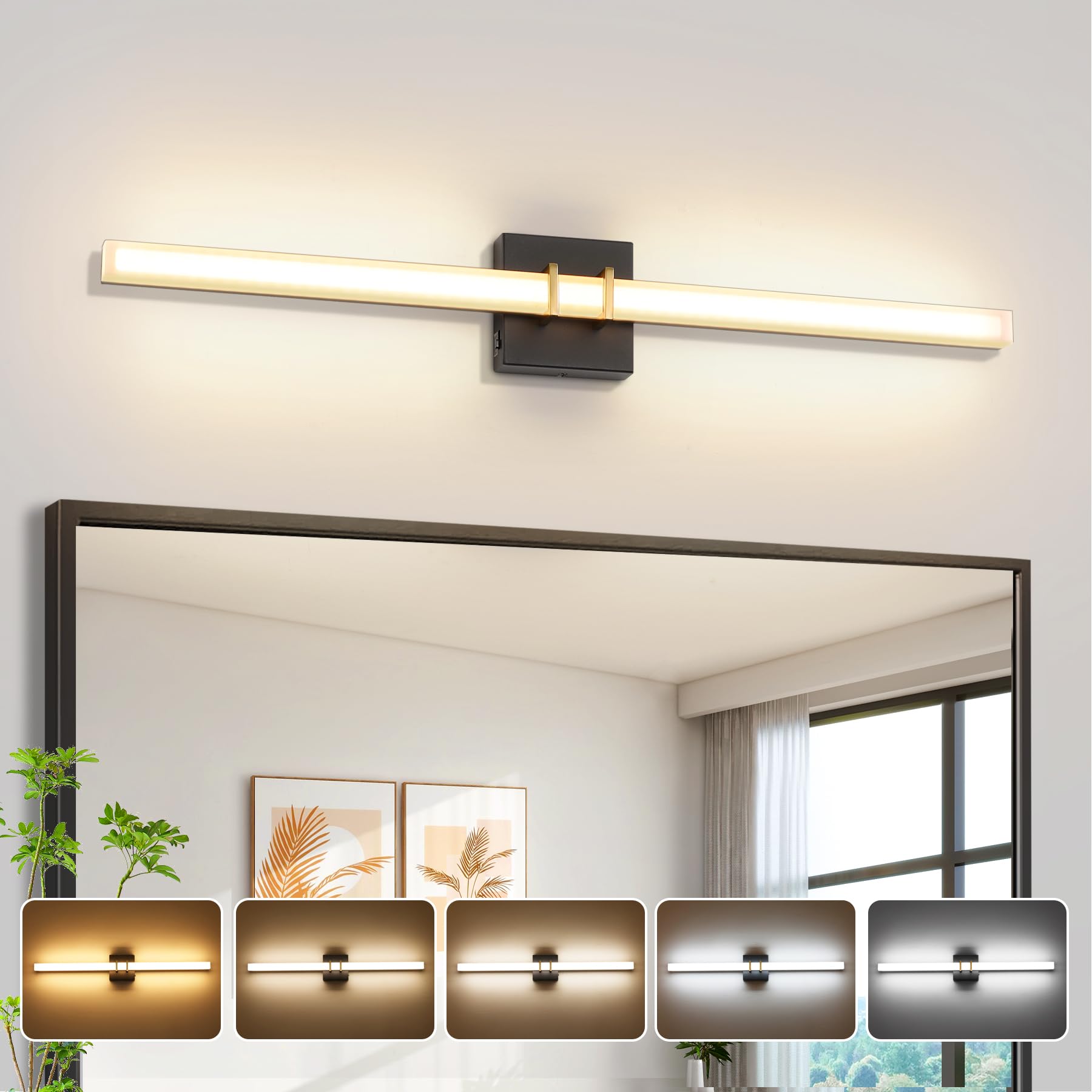 Modern Black and Brass Vanity Light Bar 32 Inch 24W 5CCT Dimmable Bathroom Light Fixtures LED Wall Lighting