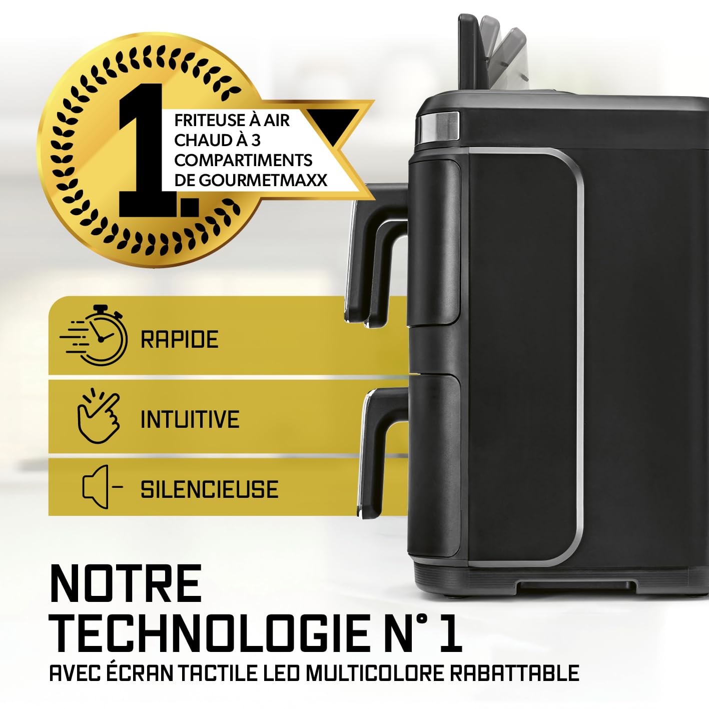 GOURMETmaxx FryUp3 Friteuse à air chaud verticale 3 chambres | Friteuse à air chaud XXL 17 litres | Airfryer avec écran tactile pliable multicolore | Friteuse à air pour 12 personnes | 12 programmes