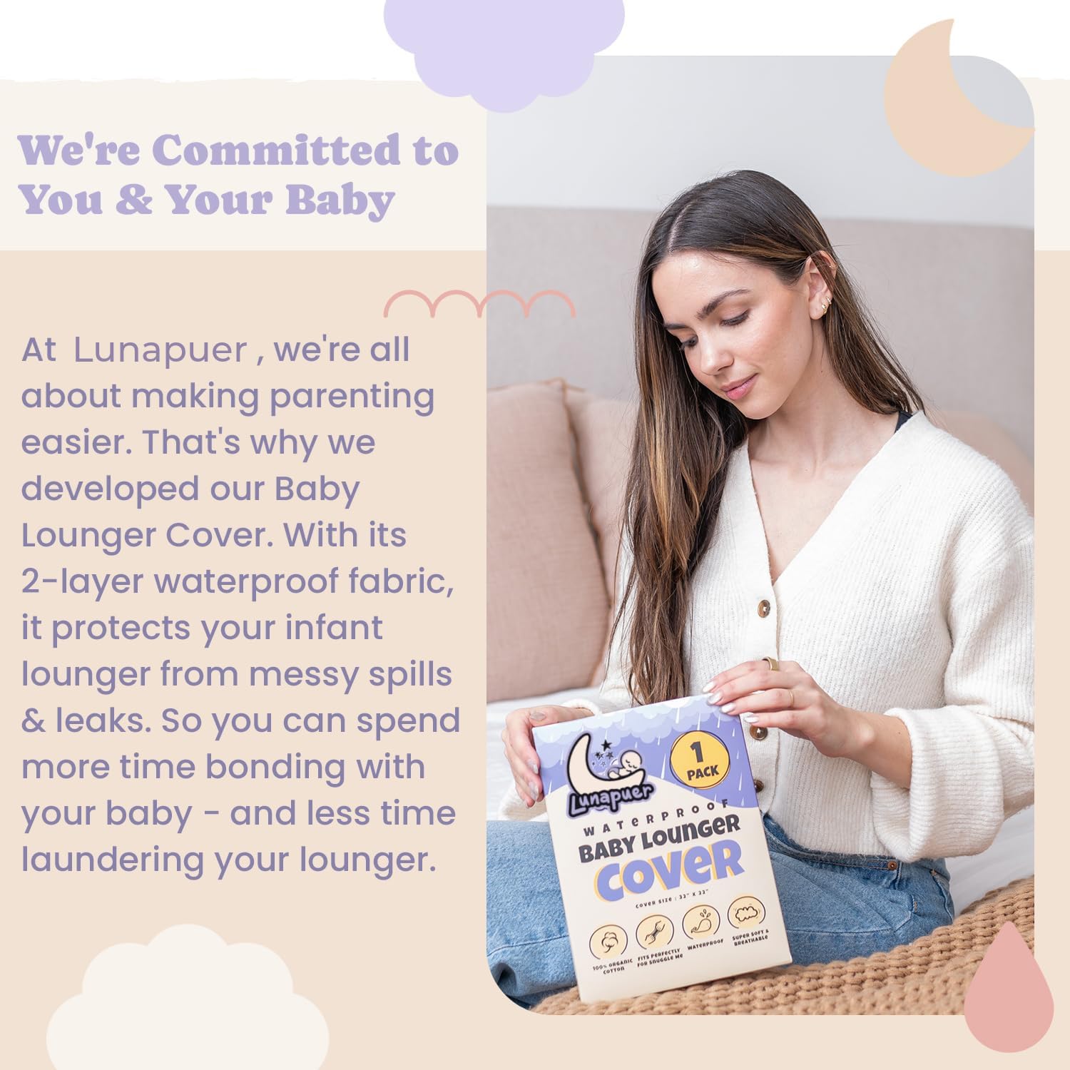 100% Waterproof Baby Lounger Cover - 2-Ply Organic Cotton Slipcovers Keep Your Lounger Clean & Your Baby Comfy - Machine Washable - (Lounger Not Included) - 2-Pack Includes Cream & Brown