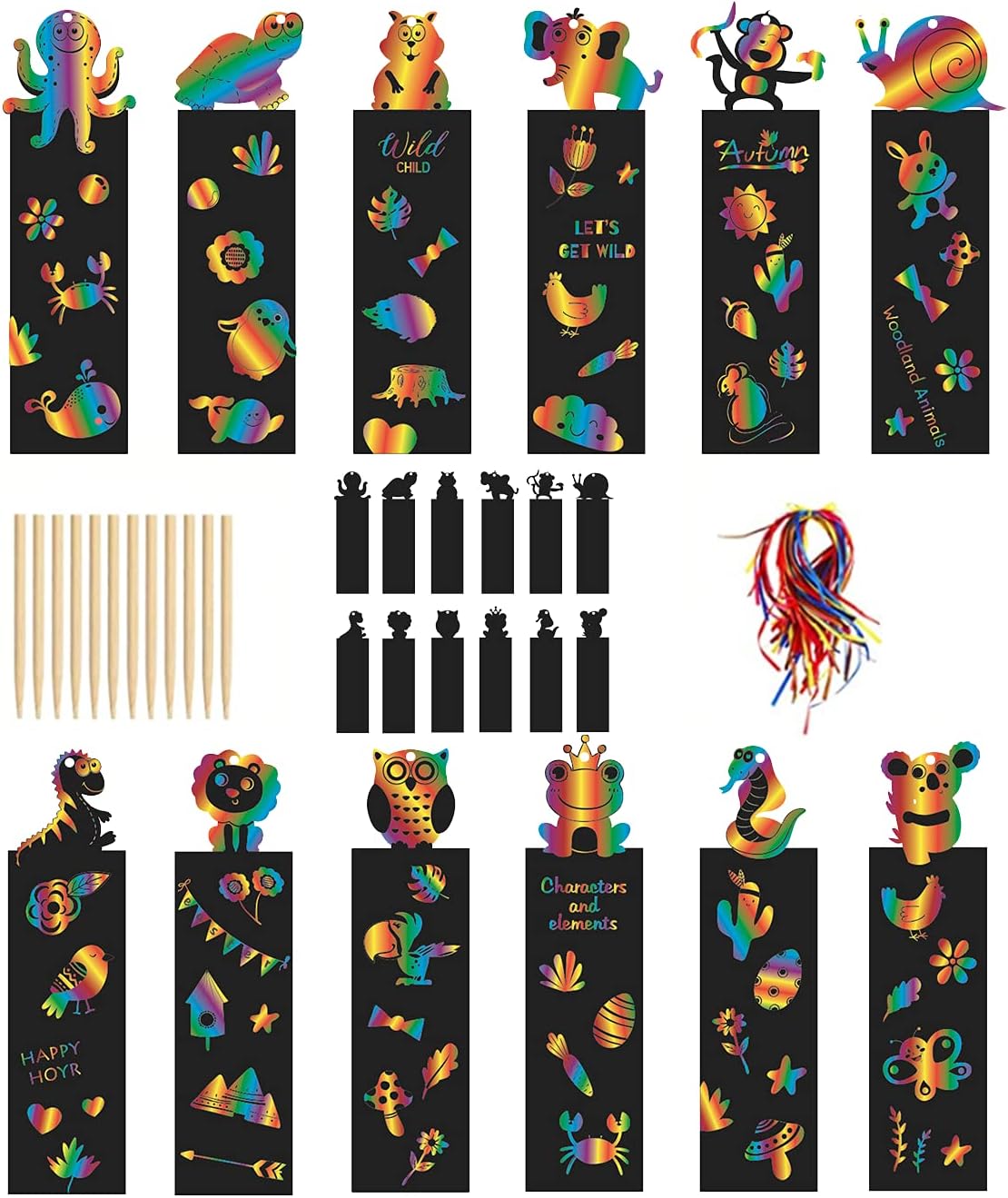 JohiuxScratch Art for Children, Classroom Gifts With 24pcs Wooden Stylus and Satin Ribbons for School Tags, Party Bags Filler