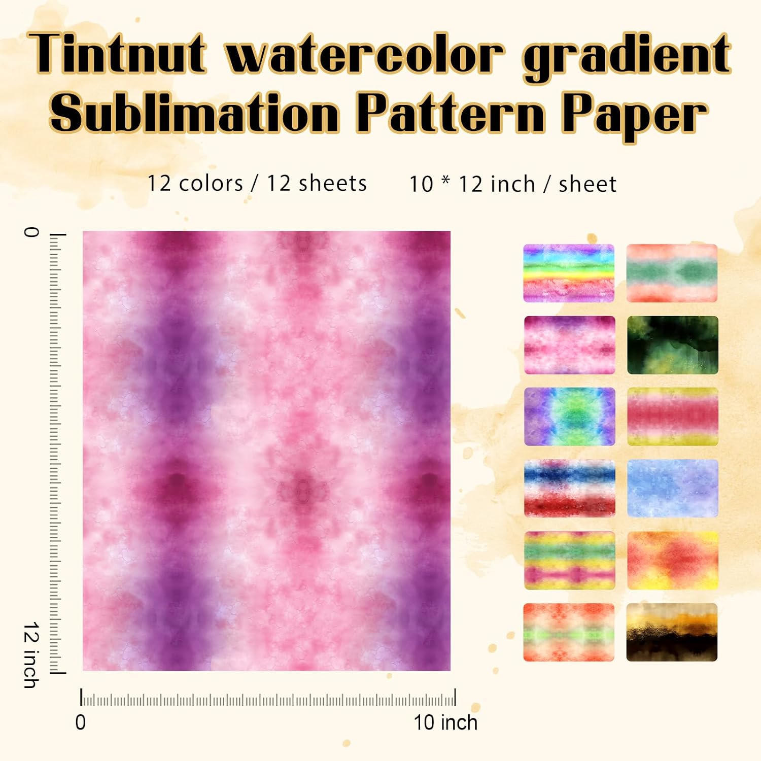 Tintnut Watercolor Sublimation Transfer Paper - 12 Sheets 12"x10", Gradient Color Sublimation Ink Transfer Sheets for DIY Mugs, Tumblers, T-Shirts