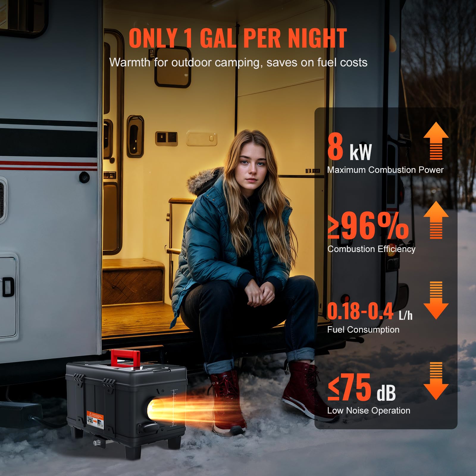 VEVOR Calentador Diésel Portátil de 8 kW Todo en Uno de 12 V/24 V, con Control por Aplicación Bluetooth, Control Remoto y Pantalla de Visualización, Alarma de CO, para Vehículos y Garajes, Negro