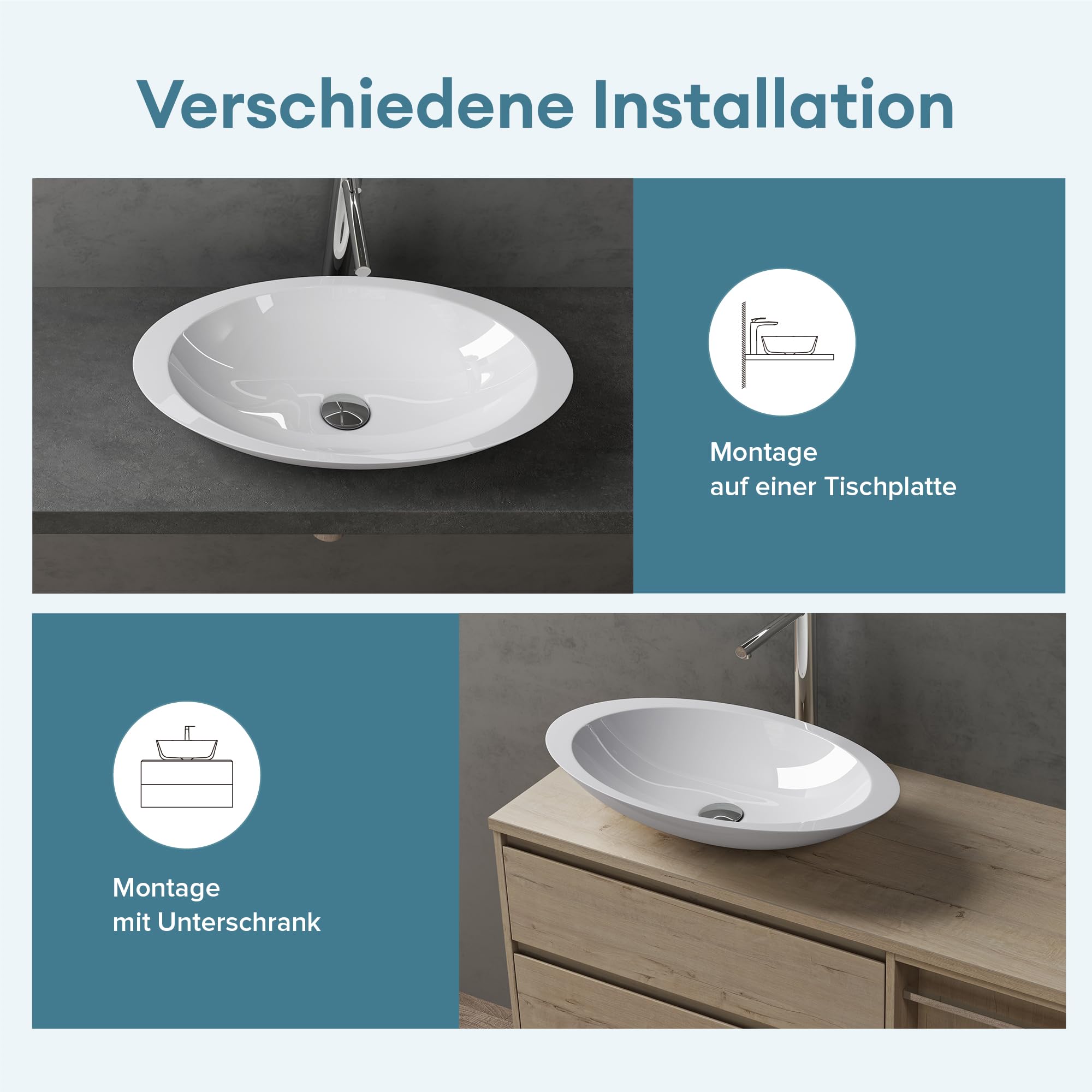 doporro Aufsatzwaschbecken Waschbecken ca. 60cm Weiß Hochglanz Mineralguss