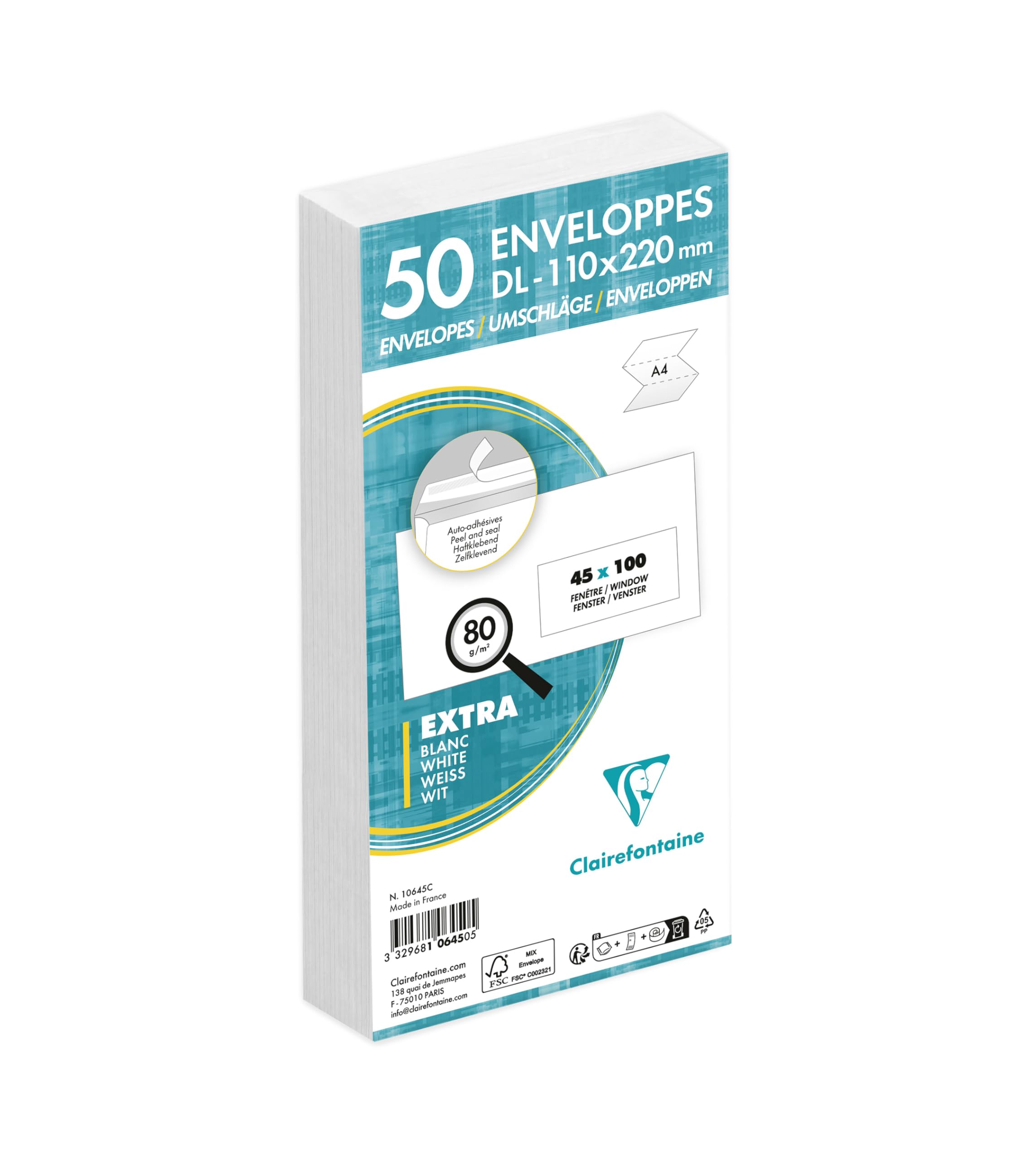 Clairefontaine 10645C - Pack of 50 White Envelopes - DL - 110x220mm - Self-adhesive - 80g/m² - Window Crystal Paper 45x100 - (position 20/20) - Mailing