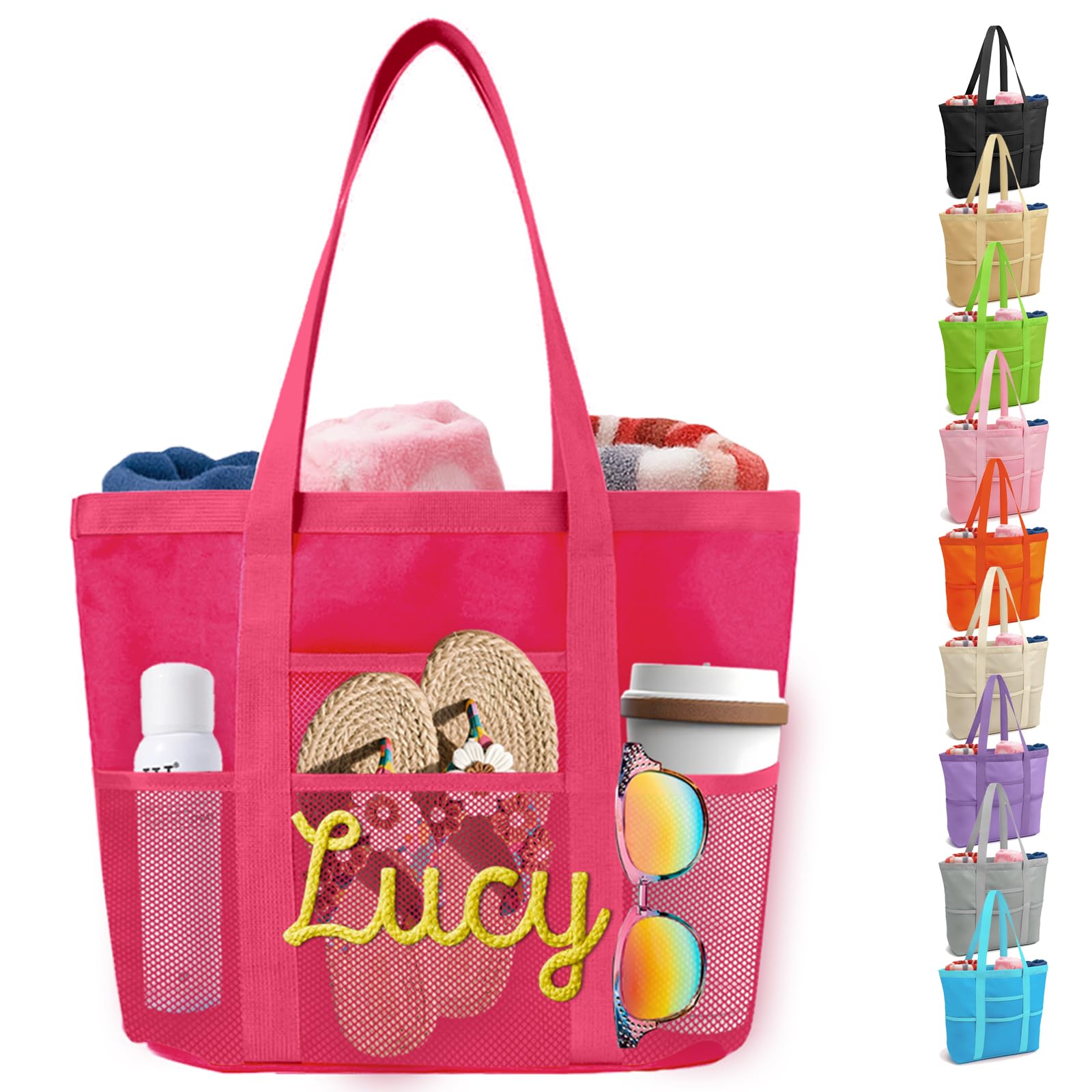 Personalized Pink Beach Bag Embroidered Name Custom Women Mesh Tote Bag, Foldable Shoulder Bags for Beach Swim Travel