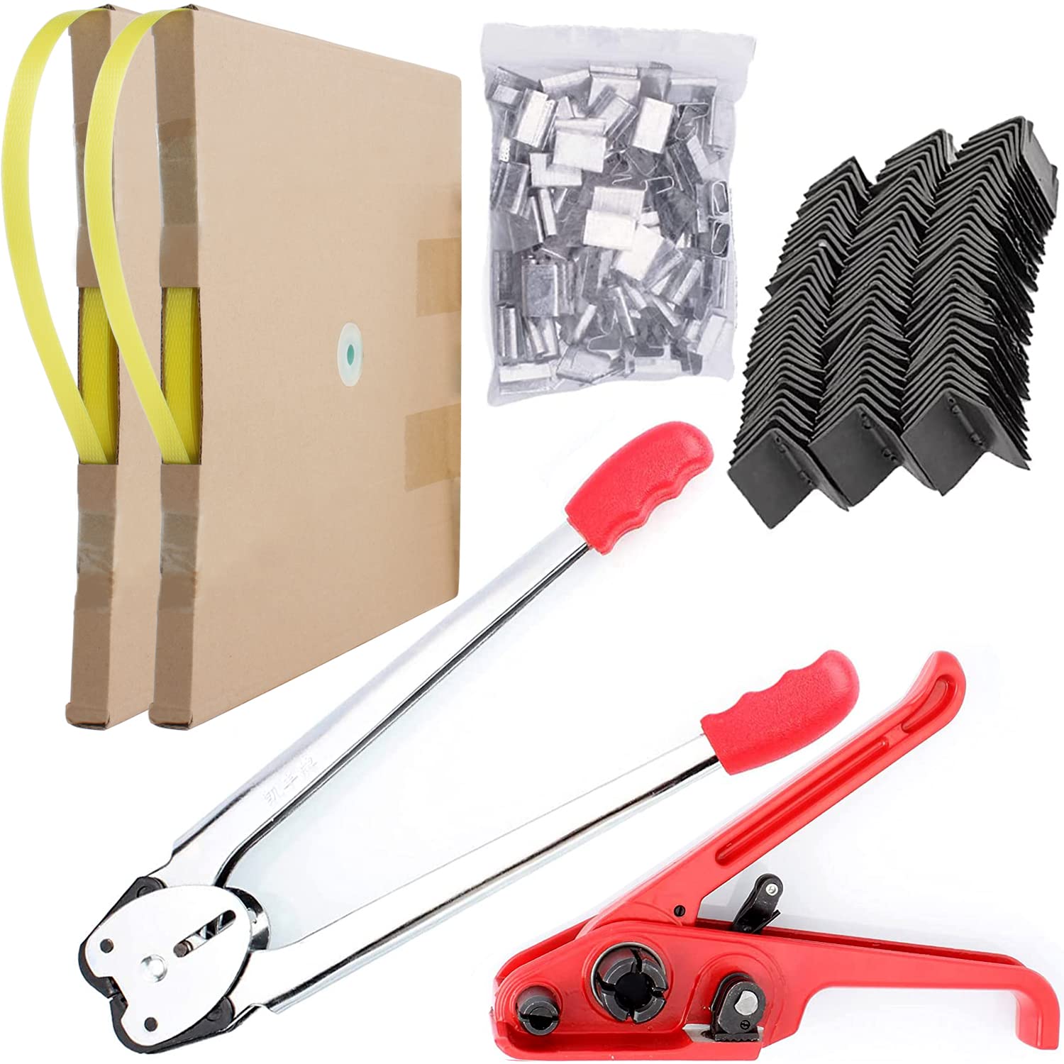 Umreifungsmaschine Set, PP/PET Umreifungsspanner, manuelle Verpackung 2 x 100 m PP-Umreifungsmaschine, 100 Schnallen und 100 Kantenschutz