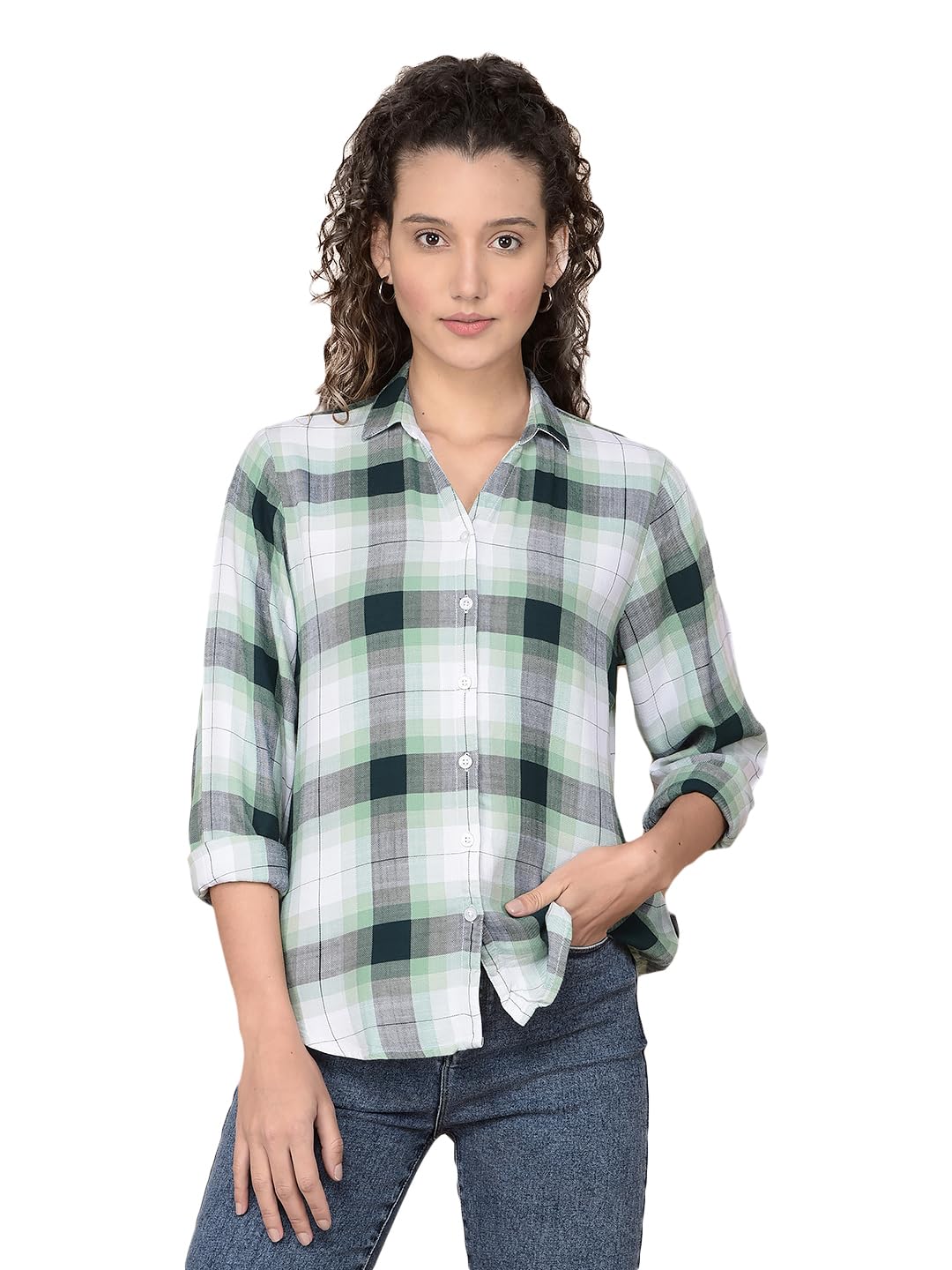 Women's Green Checked 100% Lyocell Shirt-image-39