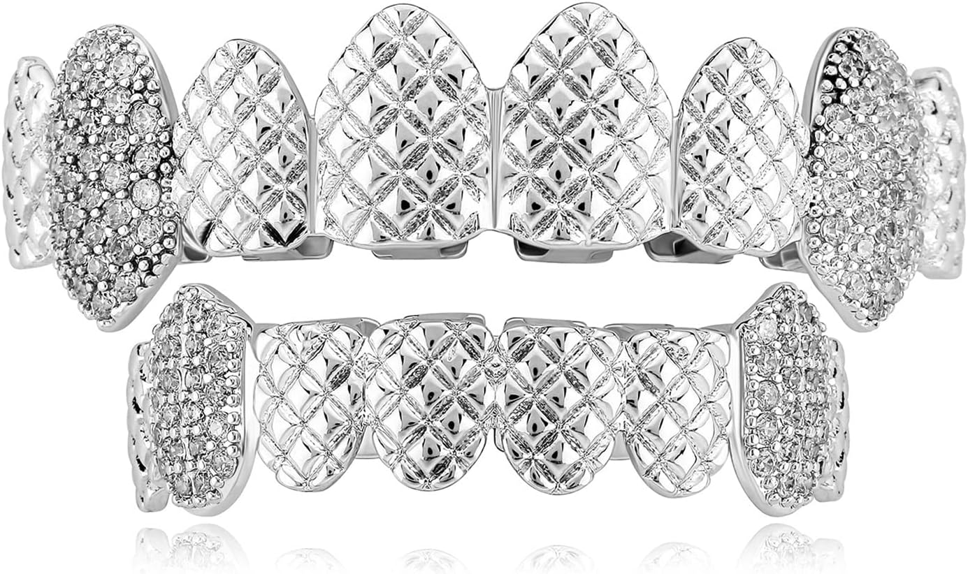 ICEDIAMOND Personality Trend Embossed Fangs Diamond Teeth Grillz, Gold Plated Hip Hop Charm Jewelry for Men Women