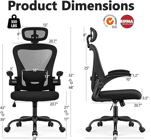 Miniatura 2 de Office Chair, Ergonomic Office Chair with Headrest, Comfy Home Office Desk Chairs with Lumbar Support & Flip-up Armrests, 330LBS High Back Mesh