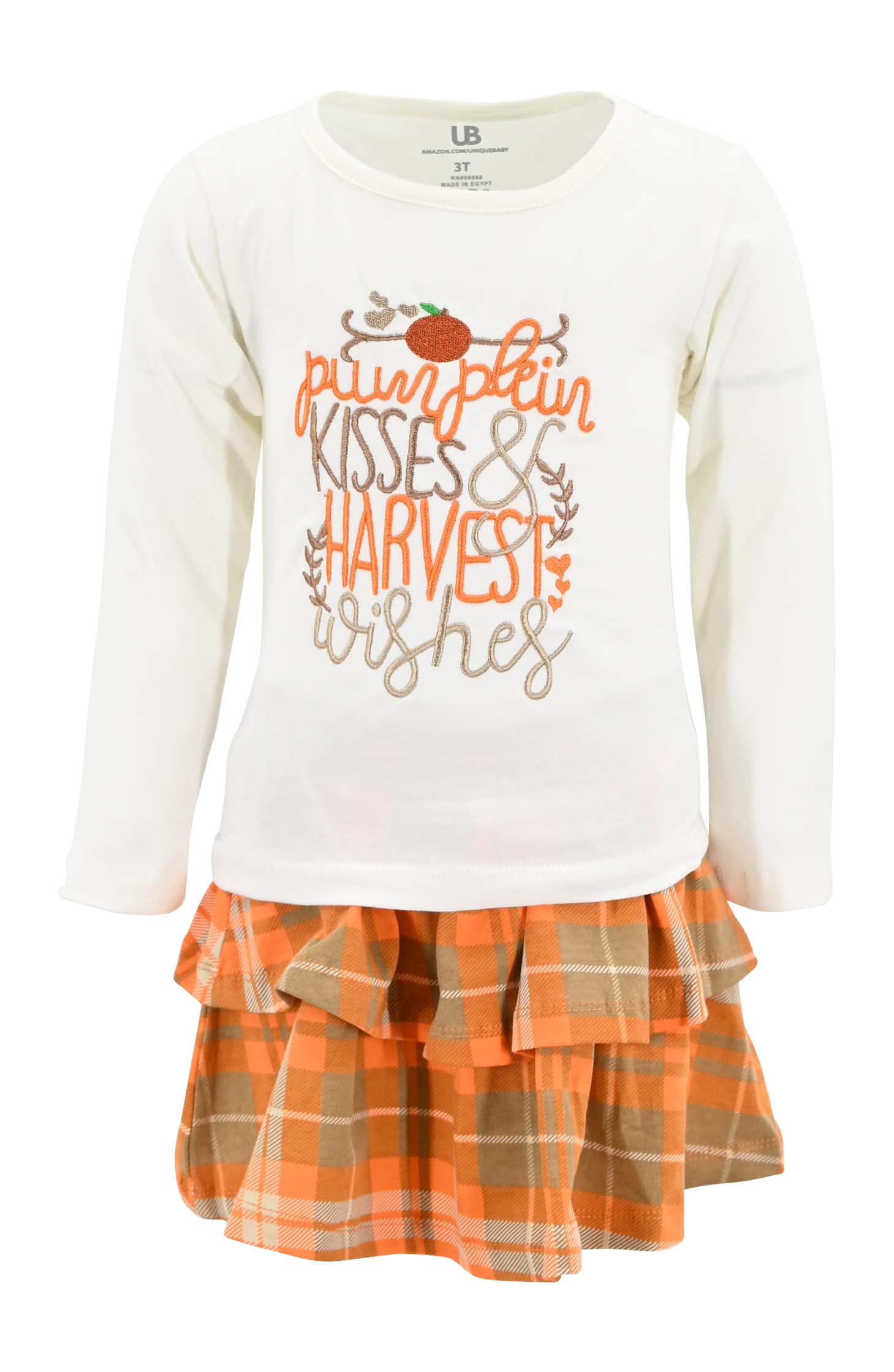 Unique Baby Girls Pumpkin Kisses Plaid 2 Piece Fall Thanksgiving Skirt Set (7)