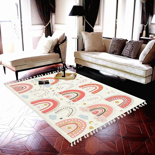Alfombra bohemia dibujada a mano de diferentes arcoíris con corazones, nubes, estrellas, luna, área, alfombra de patio, pasillo, alfombra