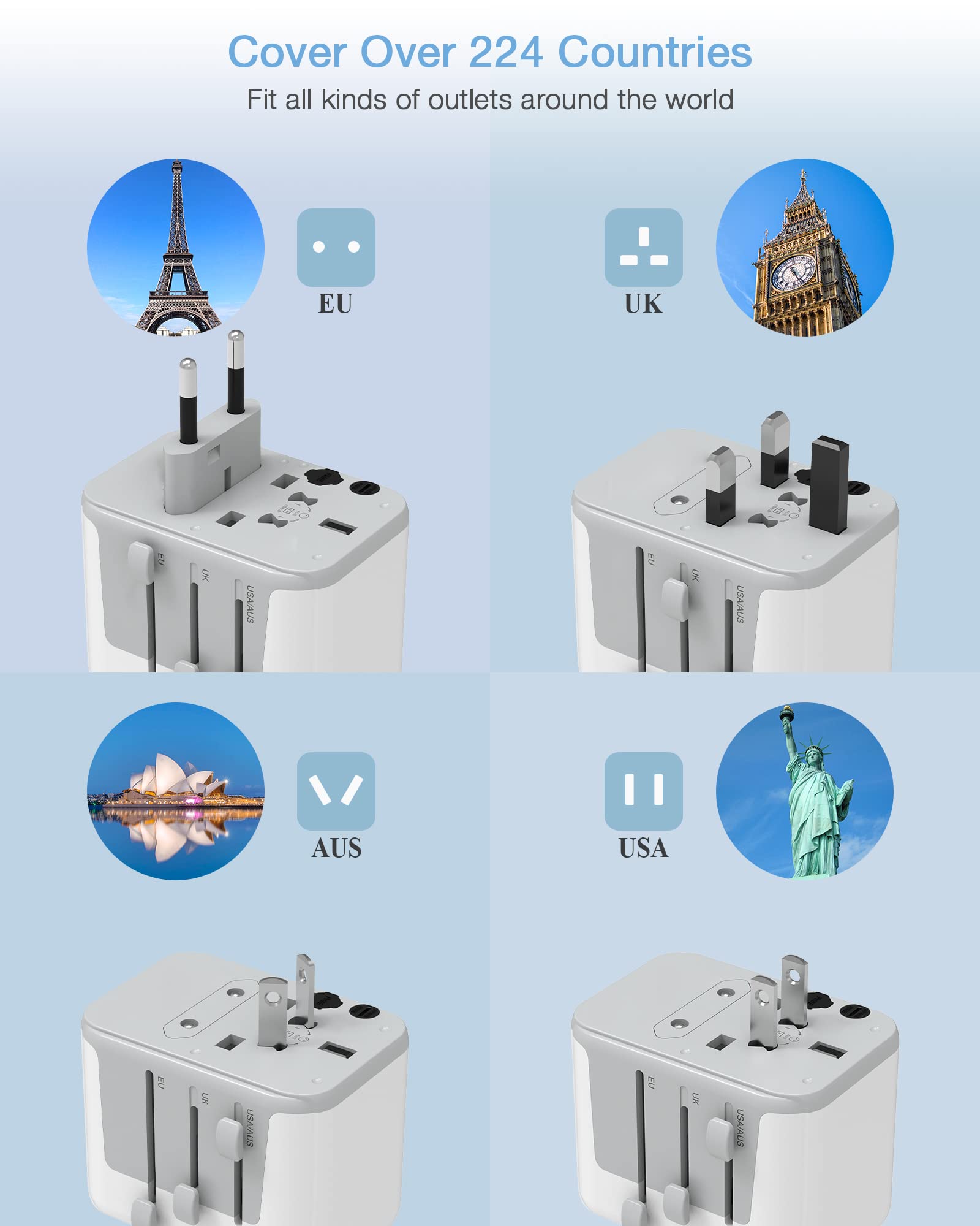 TESSAN Adattatore Universale da Viaggio, Presa Universale da Viaggio con 2 USB A e 2 USB C, Adattatore Prese Internazionale per Americana USA Inglese UK Giapponese Australia Messico Tailandia