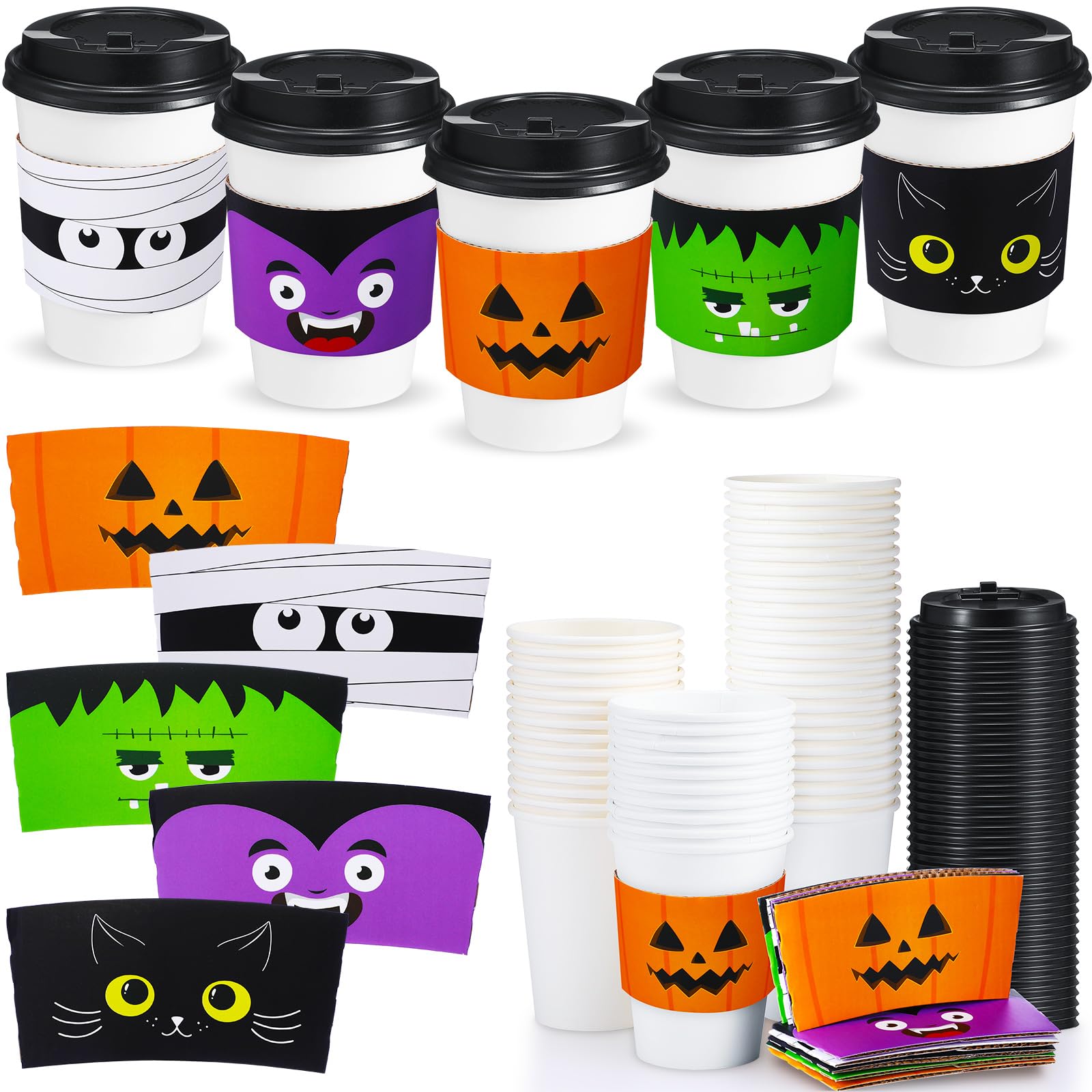 Tasses à café jetables motif Halloween avec couvercles étanches et manchons isolants