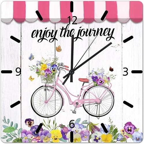 Reloj de pared para bicicleta con cesta y flores, 12 pulgadas, estilo costero, analógico, de cuarzo, funciona con pilas, popular decoración de pared
