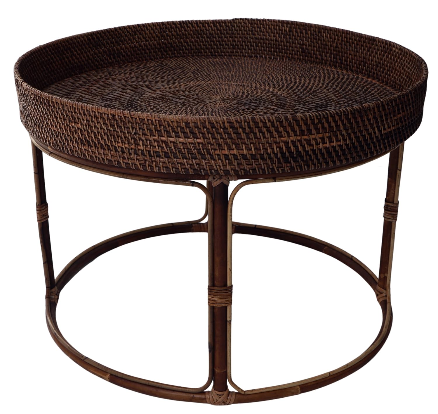 GURU SHOP Geflochtener Runder Kaffeetisch, Beistelltisch, Couchtisch aus Rattan - Braun, Size:D50cm H27cm