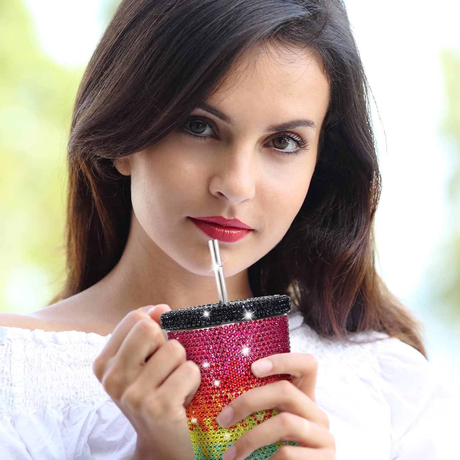 Mimorou Studded Bling Diamond Tumbler Glitter Water Bottle with Lid Stainless Steel Vacuum Thermal Straw Rhinestone Tumbler with 1 Pcs Cup Brush 6 Pcs Straw Brushes for Women(rainbow Color,16.9 Oz)