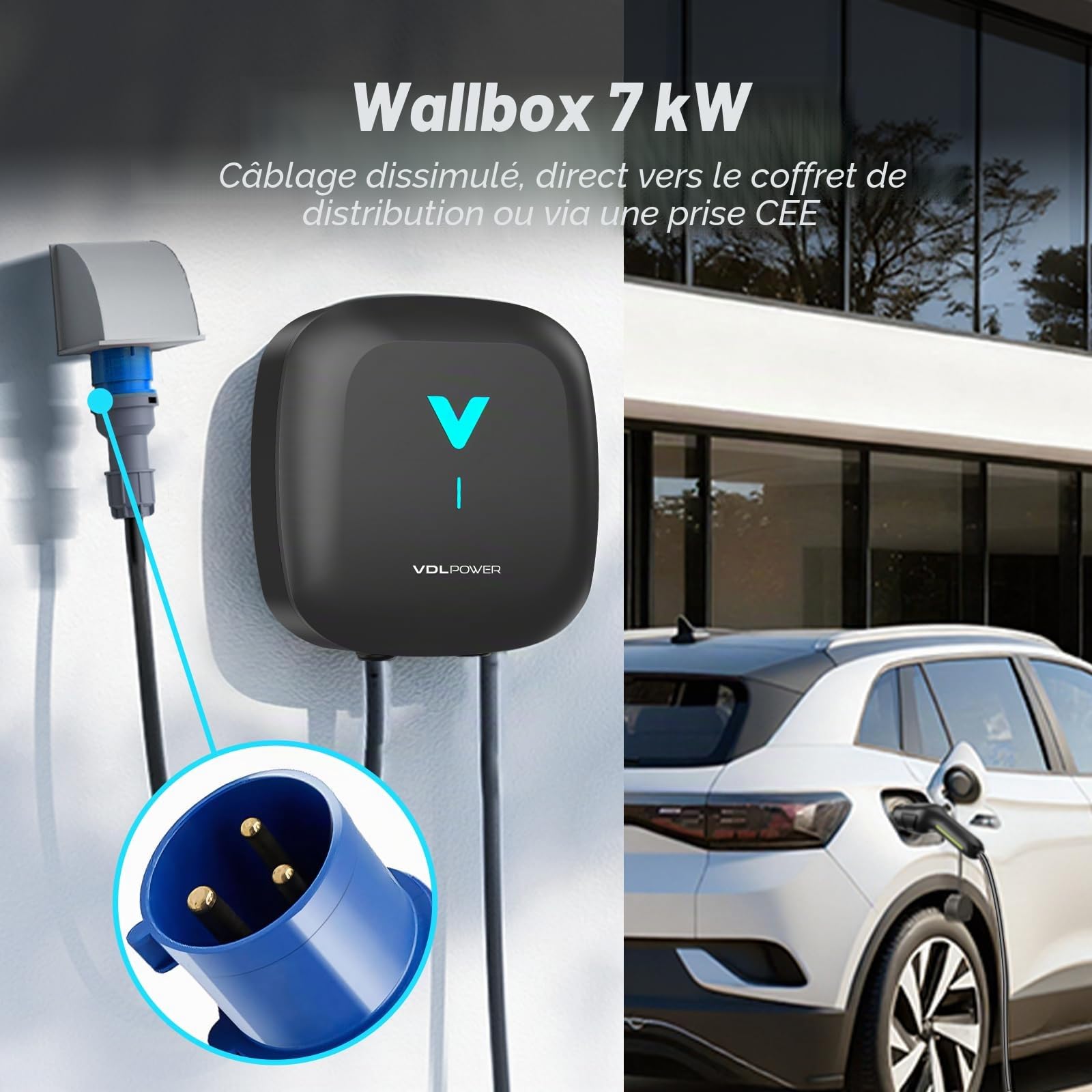 VDLPOWEREU Borne de Recharge Véhicules Électrique 7kW avec APP, Cable Type 2 6m, Wallbox 7kW, Borne de Recharge Monophasé 32A, Chargeur Voiture Electrique avec RCD Type A, IP67, pour BEV/PHEV