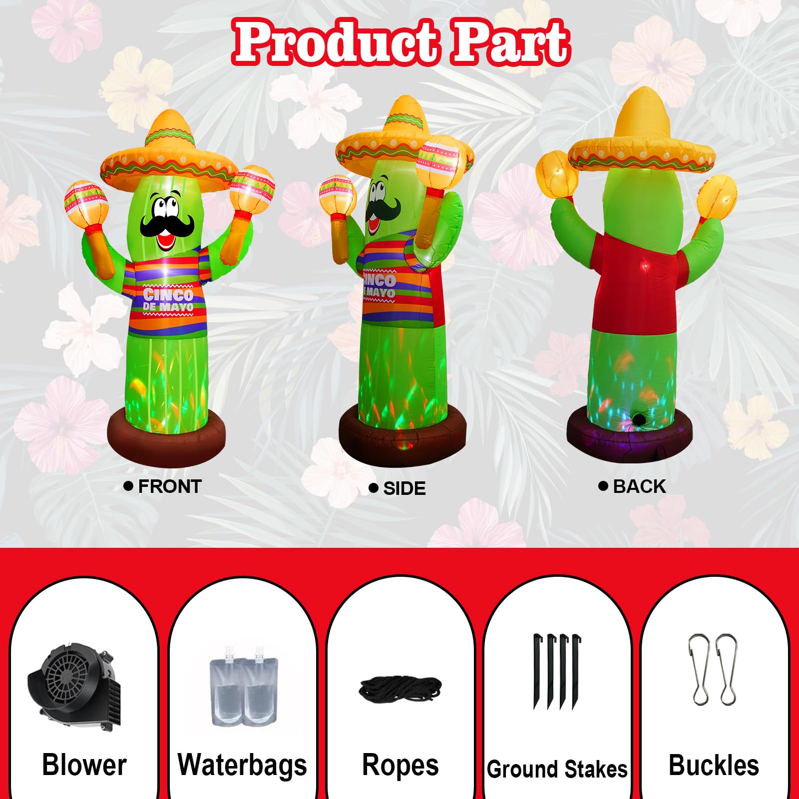 Aufblasbarer Kaktus Cinco De Mayo Cinco De Mayo, mexikanischer aufblasbarer Kaktus mit Taco Sombrero und Maraca, integrierte bunte LED für den 5. Mai für drinnen und draußen, Mexiko, Fiesta,