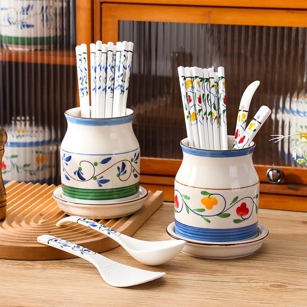 WAIT FLY 花柄磁器キッチン用品ホルダー 底付き 食器収納 オーガナイザー 調理台 キッチンカウンター装飾用 グリーン