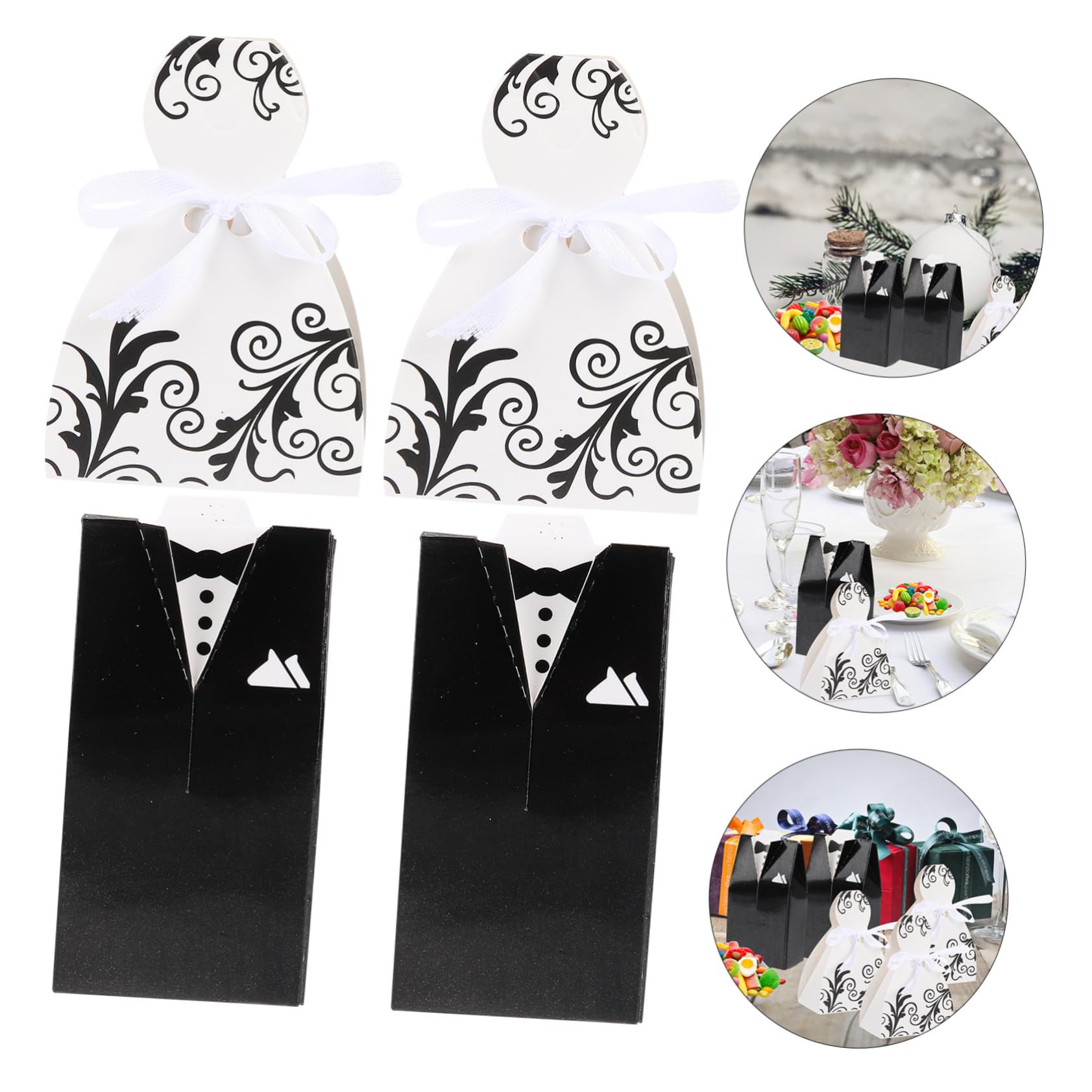 100 Scatole Porta Confetti per Matrimonio in Carta Nero Forma Sposa e Sposo, Confezione da 100 Pezzi per Bomboniere e Regali Nuziali