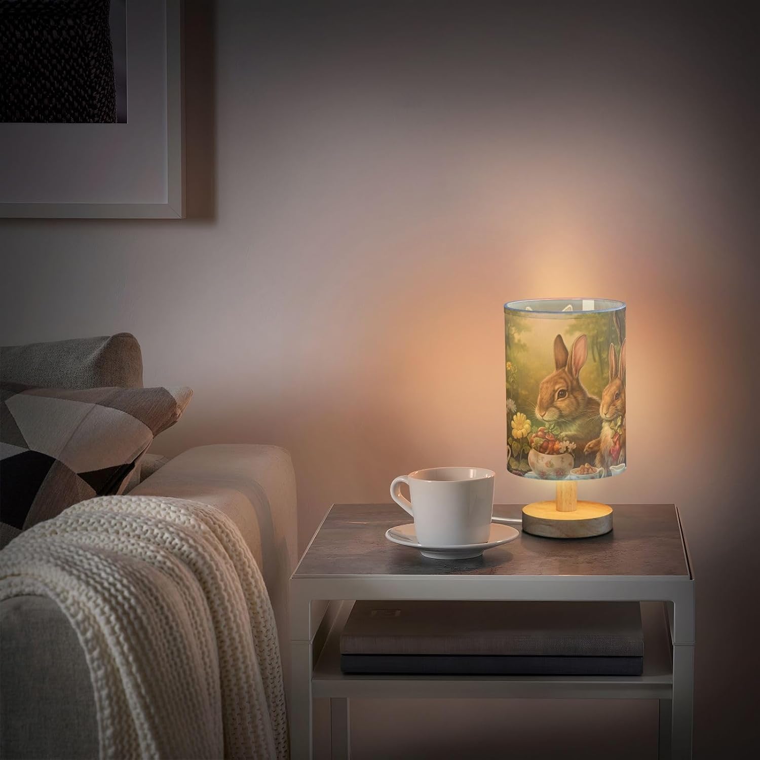 Bedside Lamp Happy Easter Bunny Rabbit Flowers Floral Table Lamp with USB Port Wood Base for Living Room,Bedroom,Nightstand,Office 214a0022