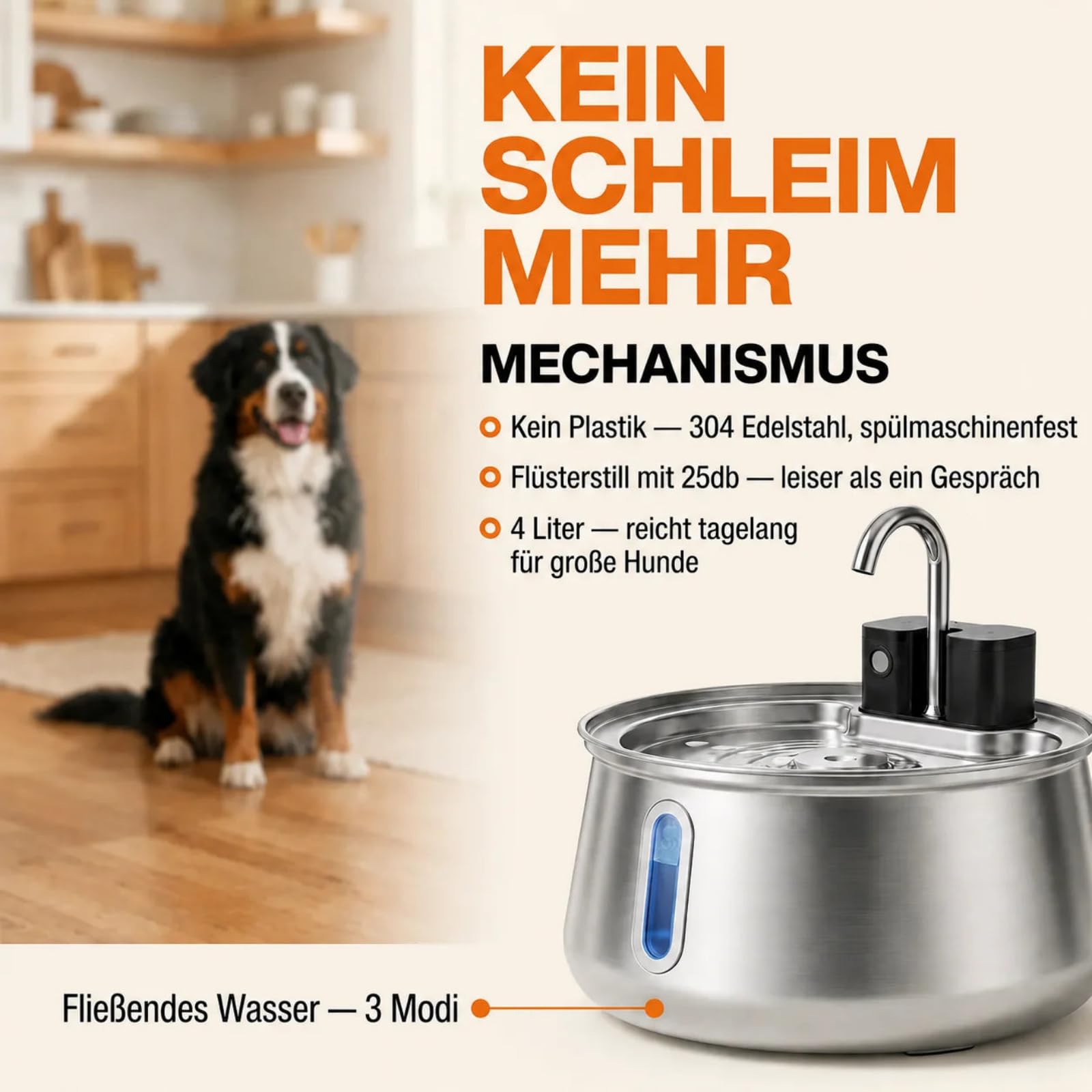 Vello Brunnen Hund,Kabelloser Katzenbrunnen Edelstahl 135oz/4L,Automatischer Haustier Wasserspender mit vierstufigem Filter,Leise Pumpe,für Katzen und kleine Hunde