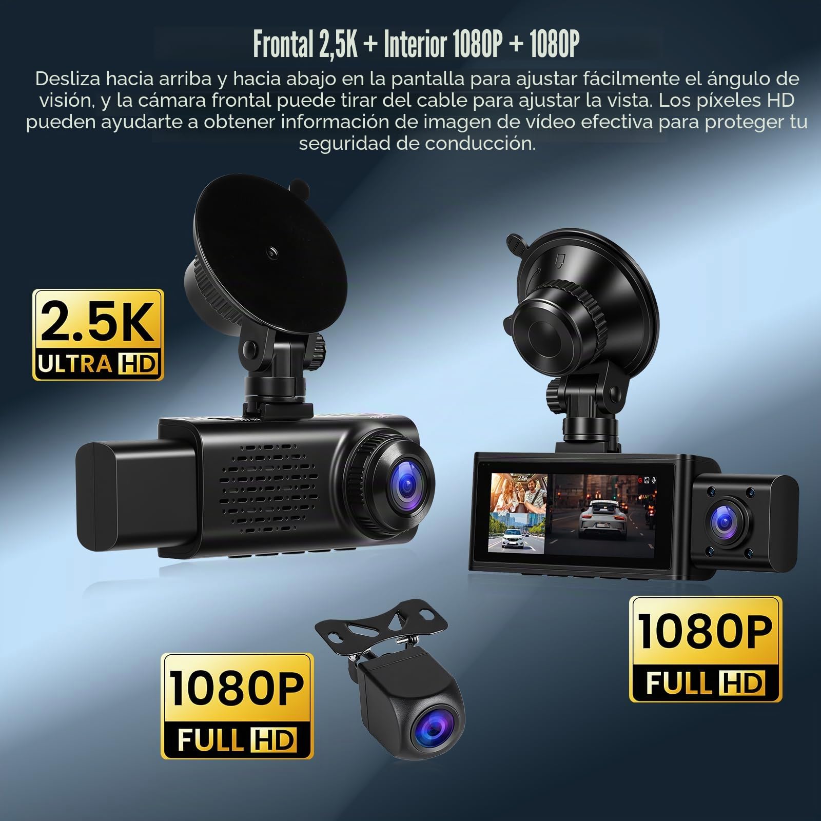 OiLiehu 3 Canales Cámara para Salpicadero 3,16 Pulgadas para Coches, Full HD 2,5K+1080P+1080P, Tres Lentes con G-Sensor/Control App/Grabación en Bucle/Visión Nocturna/Asistente de estacionamiento/GPS