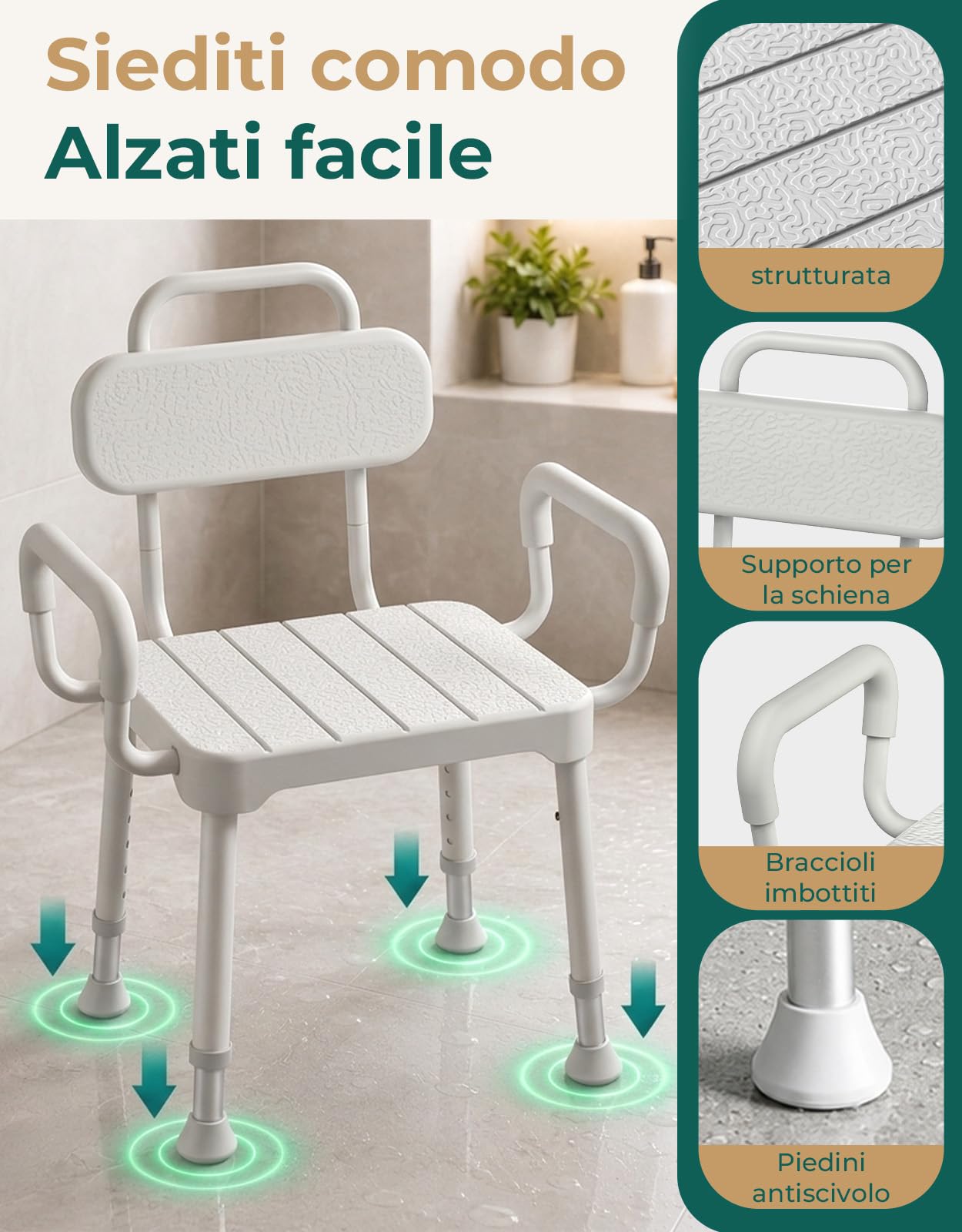 Sedia per Doccia Anziani 4-in-1 con Braccioli, fino a 158 kg
