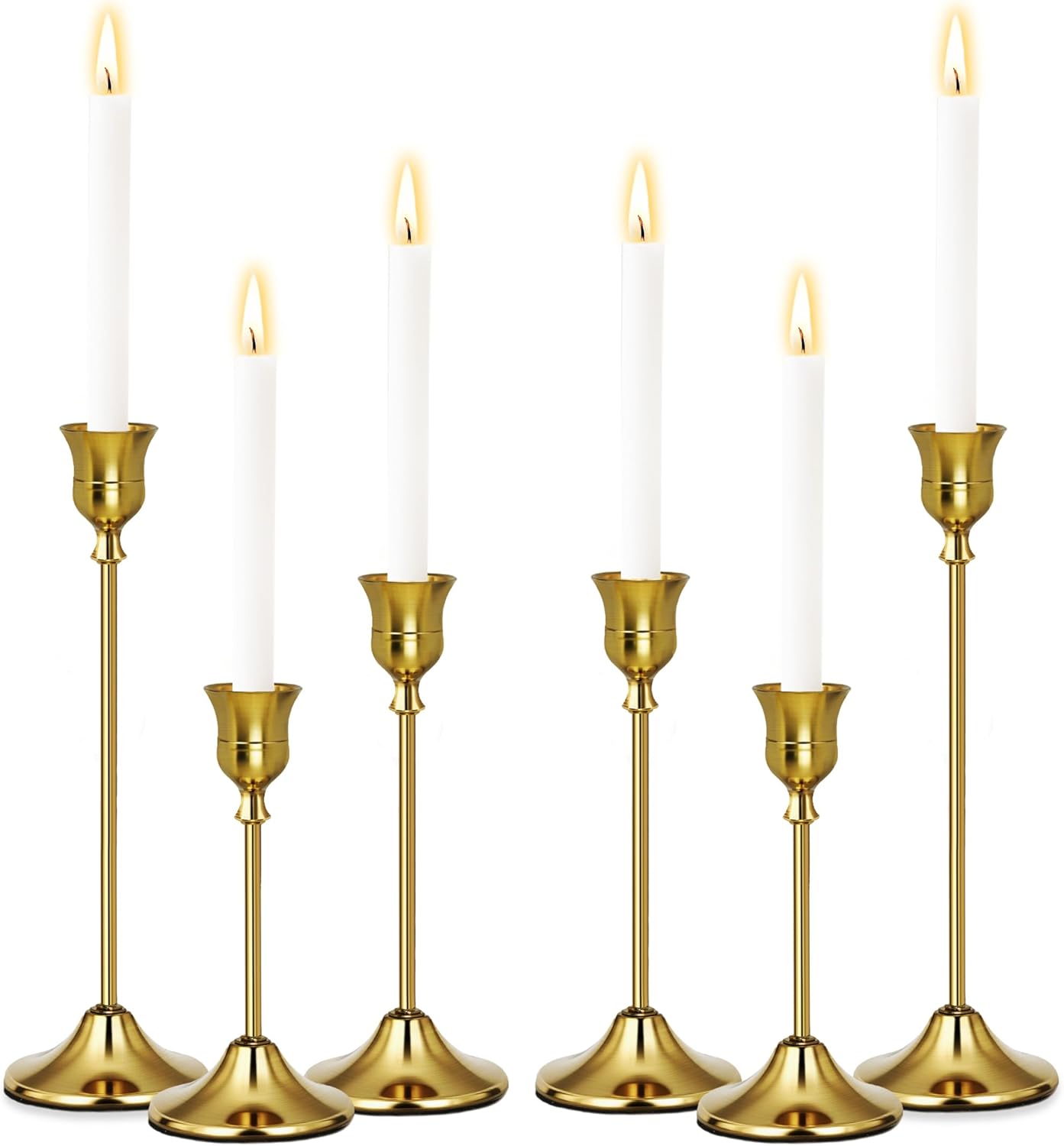 Gold Candlestick Holders Set of 6, Weighted, Metal Taper Candle Stick Holders, Vintage Christmas Brass Home Decor for Table, Mantel, Room Decorations Housewarming Gift Gold-6