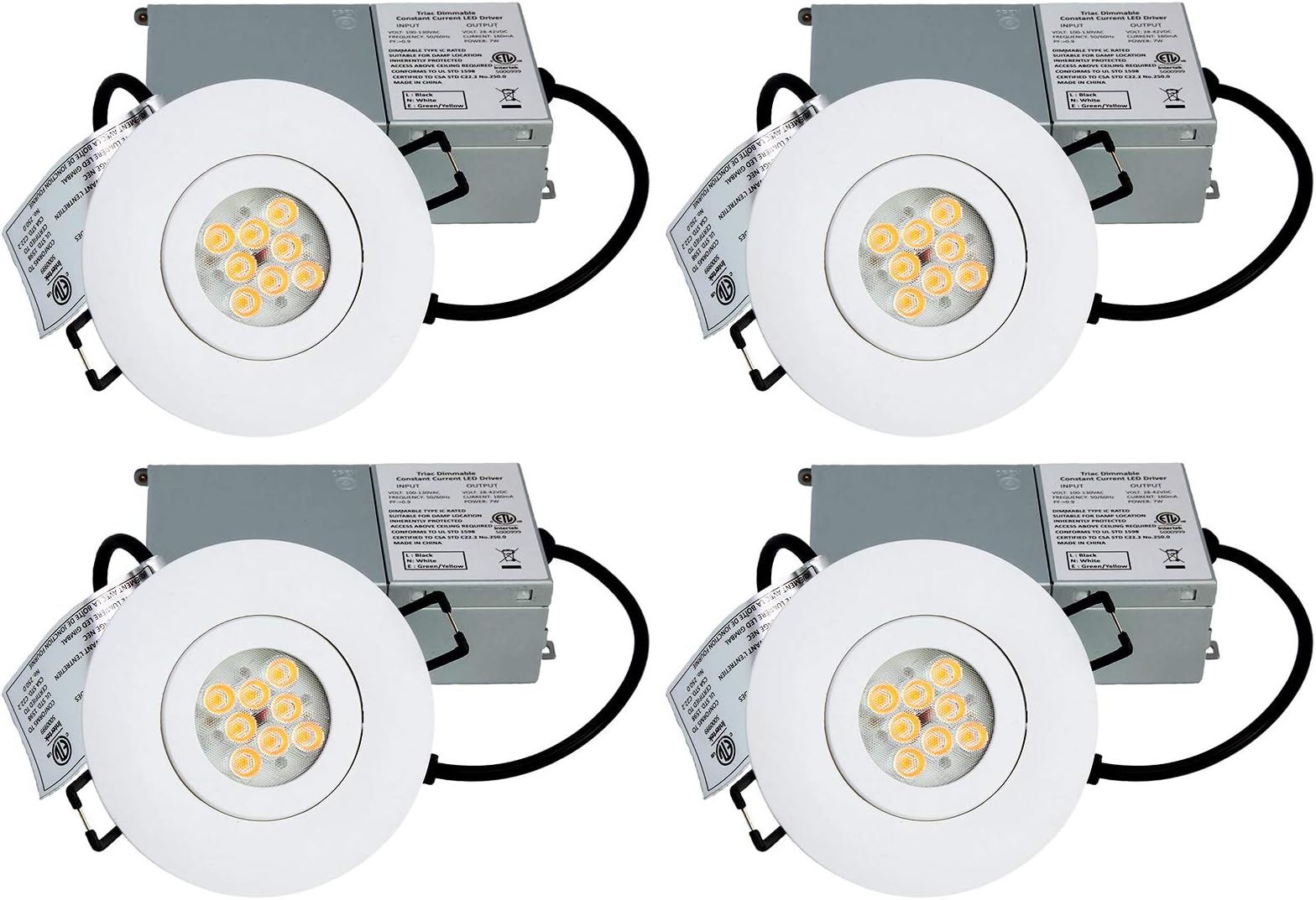 YUURTA (4-Pack) 3-Inch 7W Gimbal LED Downlight (Pot Light) 710 Lumens Dimmable 120V Recessed Ceiling Round White Trim Adjustable Panel with Driver in Junction Box ETL Listed IC Rated (SMD, 5000K)
