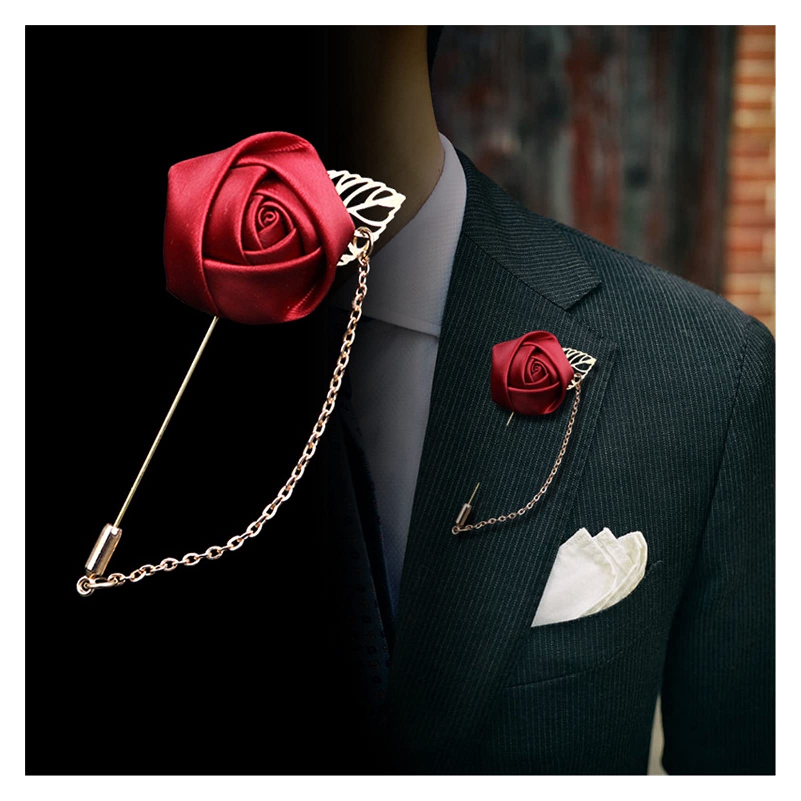 Männer Rose Blume Golden Leaf Mode Brosche Anzug Revers Leinwand Stoff Band Krawatte Pins Männer Hochzeit Blume Im Knopfloch Brosche schmuck
