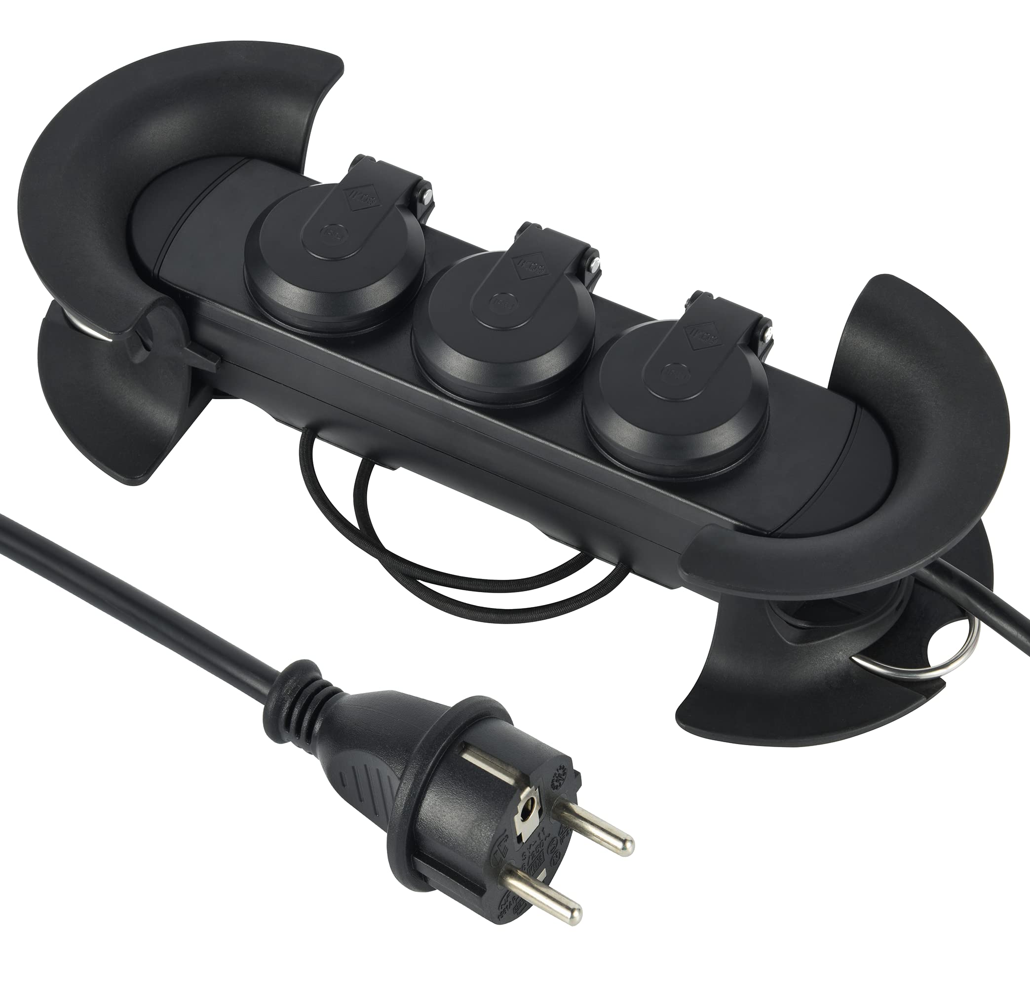 Electraline 62579 Professionelle Steckdosenleiste für den Außenbereich Kabeltrommel mit 10 Meter Verlängerung, 3 Schukosteckdosen mit Kappe, Schuko-Stecker, aufhängbar mit Haken, IP44