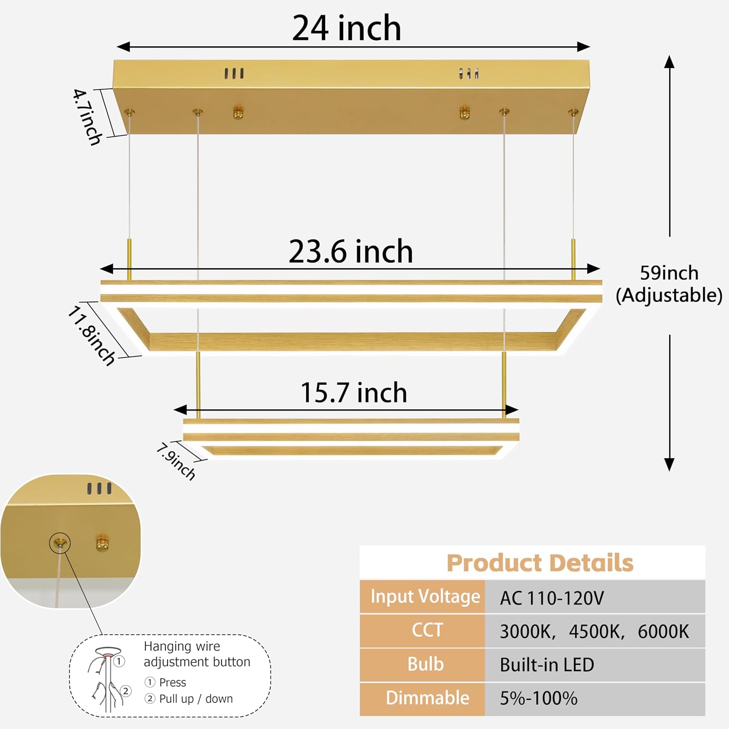 2 Ring Gold Modern Led Chandelier with Remote Adjustable Ring Light Dimmable 24" Rectangular Modern Chandelier Led Pendant Light Contemporary Light Fixtures for Living Room Dining Room