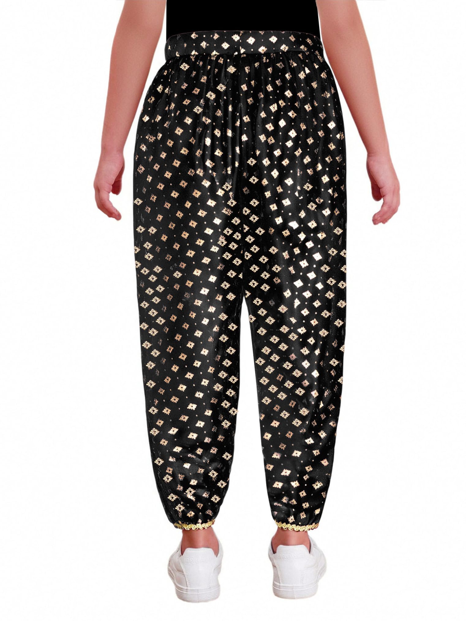 Choomomo Kids Girls Metallic Floral Baggy Harem Pants Satin Trousers Palazzo Dhoti Style Ethnic Wear Black 10 Years