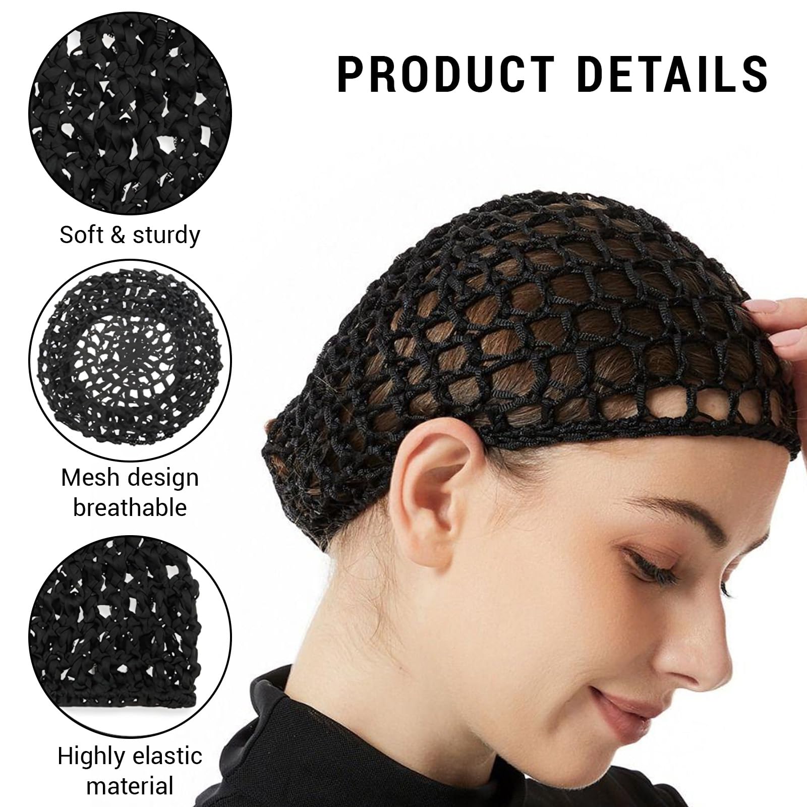 FunnAura 3 PCS hair nets for sleeping in Mesh Hair Net for women (Black), 19 * 17 cm - Image 3