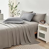 Vista 4 de KAKIJUMN Juego de Cama en una Bolsa de 5 Piezas a Rayas Tamaño Twin, Juego de Edredón y Sábanas a Rayas de Retazos Blanco y Gris, Juego Completo