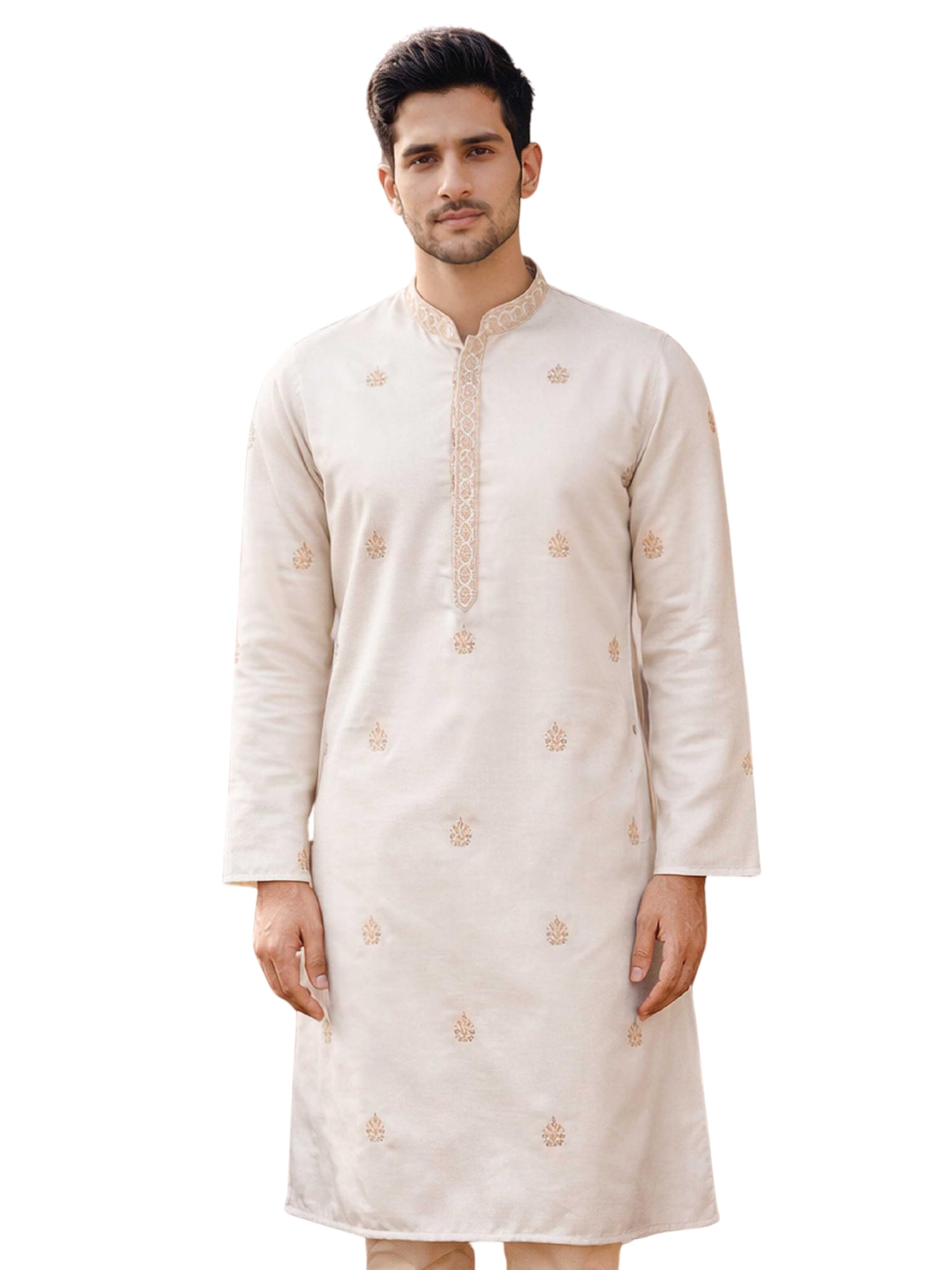 vastramay Men White Silk Blend Thread & Sequin Embroidered Long Kurta with Crepe Lining | EID, Wedding & Festive Outfit-picture-29