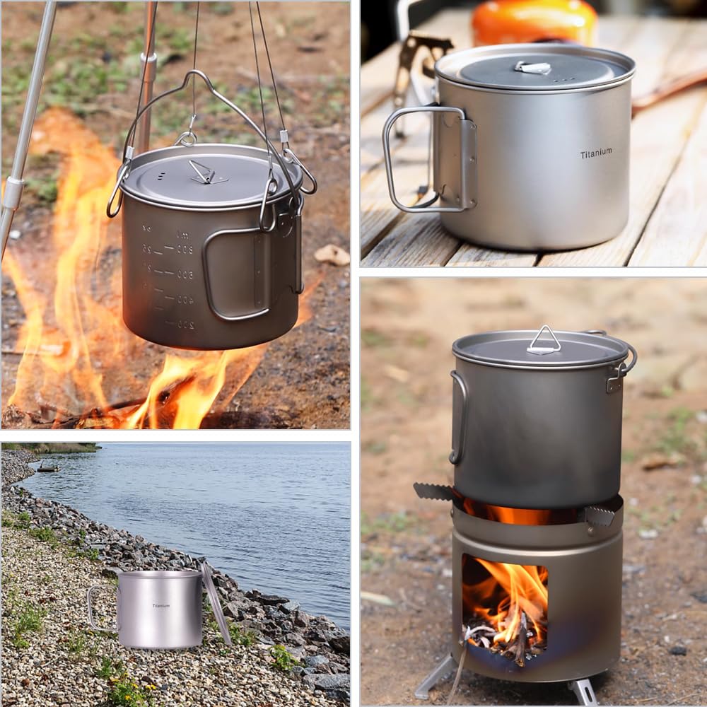 Kavolet Pot en titane de 1100 ml - Tasse de camping - Avec couvercle et poignées pliables - Ensemble de vaisselle de camping pour le camping et la randonnée