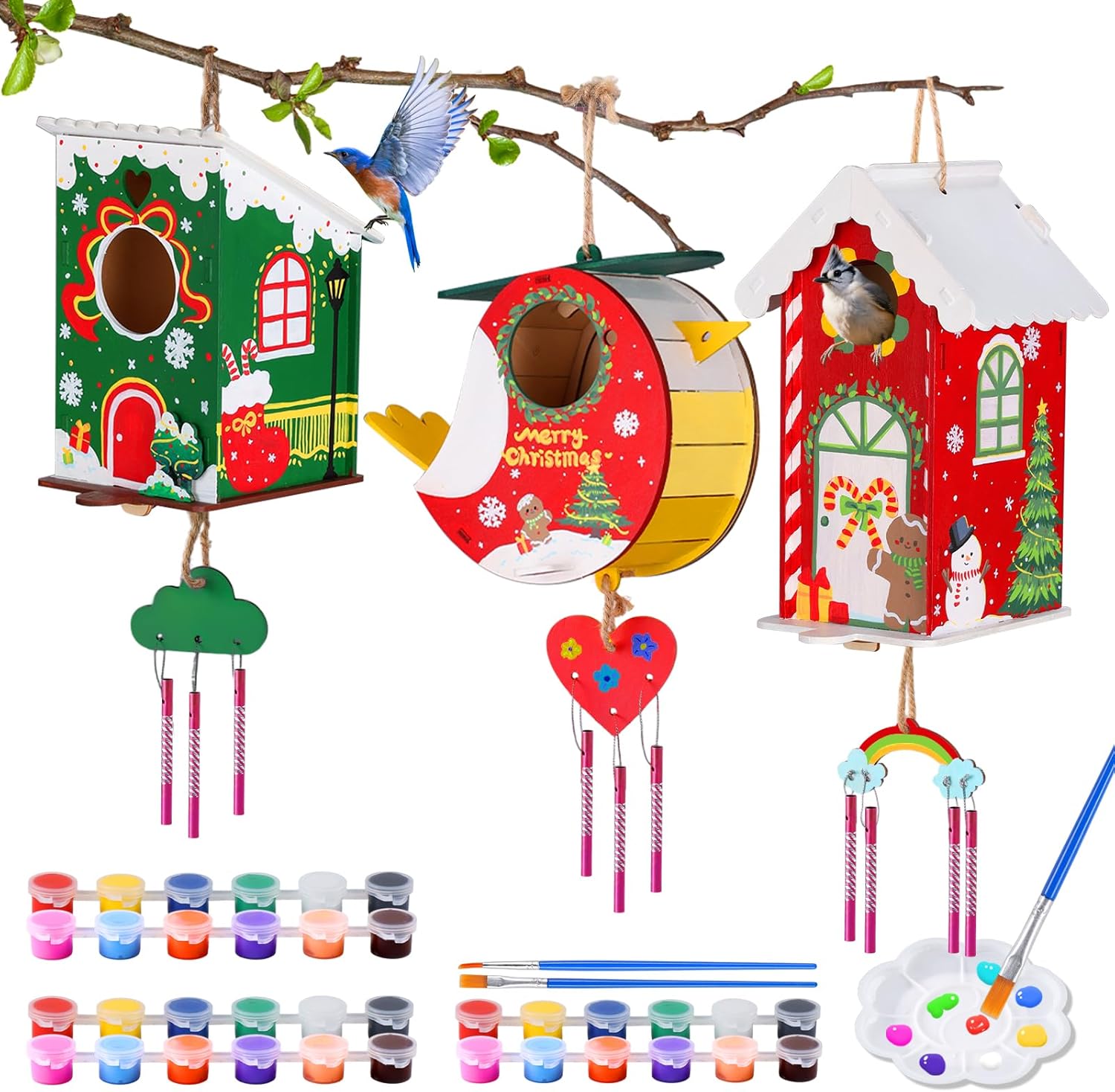 JMMICO 3 Pack Bird Houses Kits for Kids, Wooden Painting Arts and Crafts for Kids Ages 8-12, Build & Paint Your Own Bird Houses and Wind Chime Kits, Toddlers Easter Gifts for Girls Boys