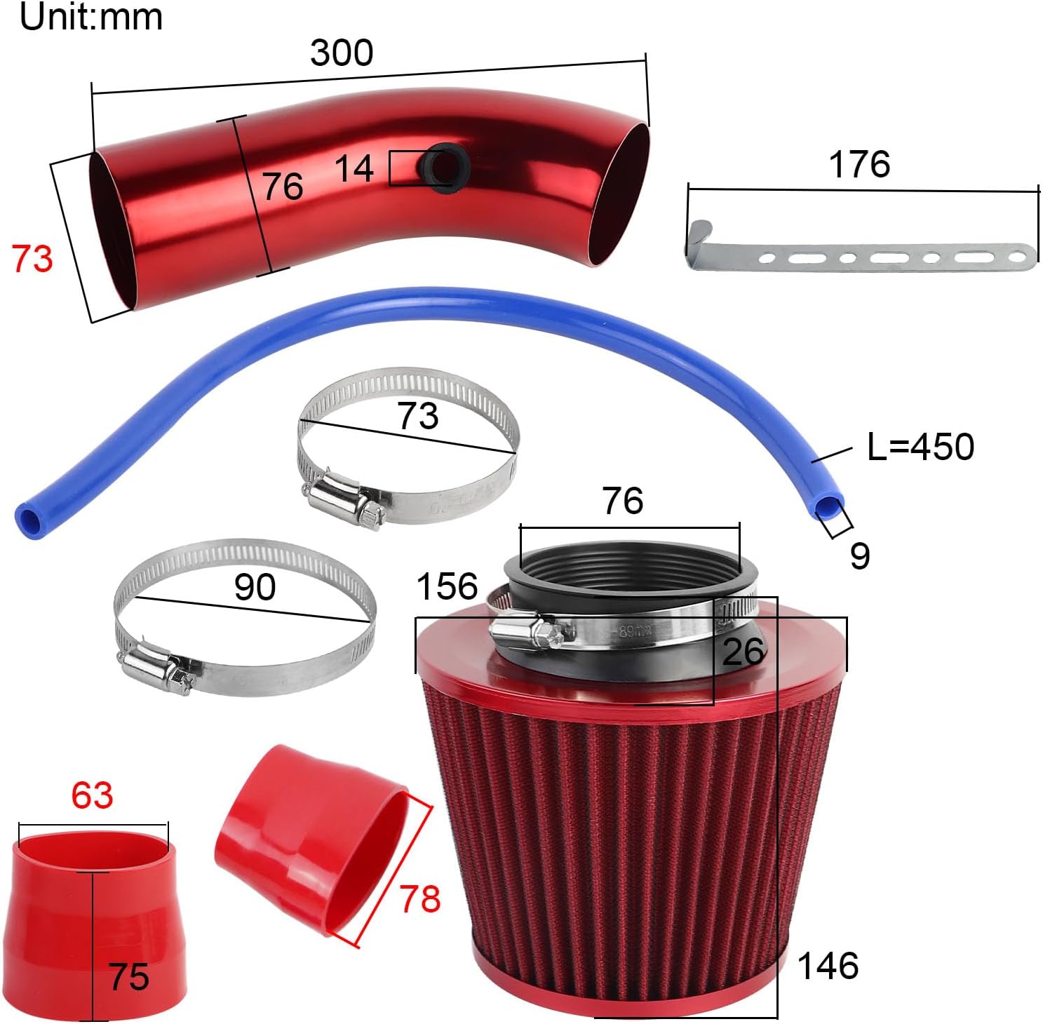 FLYPIG ‌Universal 76mm 3" Cold Air Intake Pipe Kit - High Flow Aluminum Turbo Induction Hose with Air Filter, Compatible with Performance Cars & Turbocharged Automotive Engines