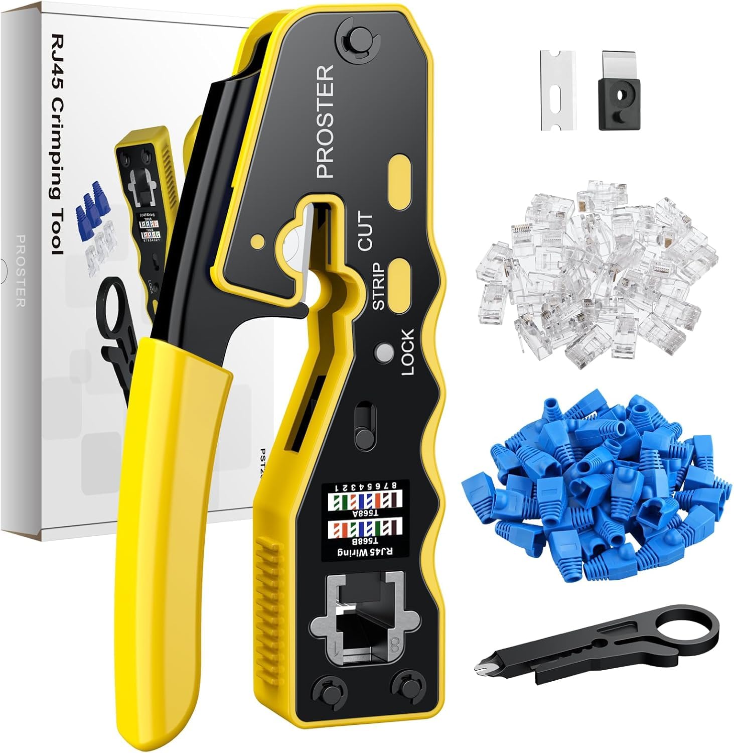Proster Zestaw narzędzi do zaciskania RJ45 – zaciskacz przelotowy RJ45 do Cat6 Cat6a Cat5 Cat5e z 50 szt. złączami przelotowymi CAT6, 50 szt. pokrowców ochronnych Cat6, narzędzie do zaciskania