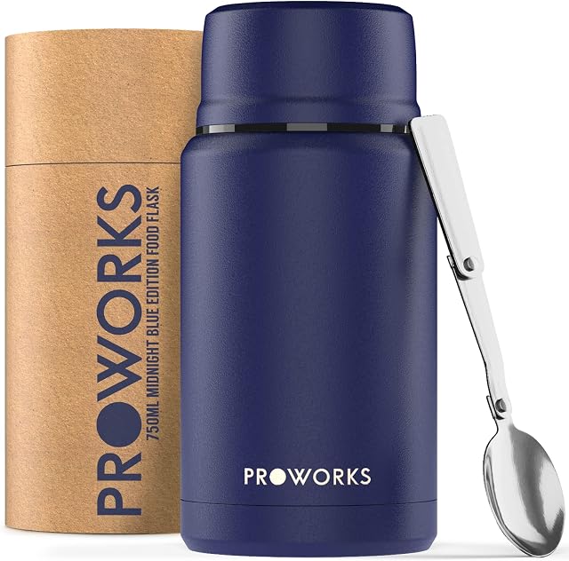 Proworks Vacuum Insulated Food Flask With Thermal Stainless Steel & Folding Spoon for Hot or Cold Food - Midnight Blue - 750ml