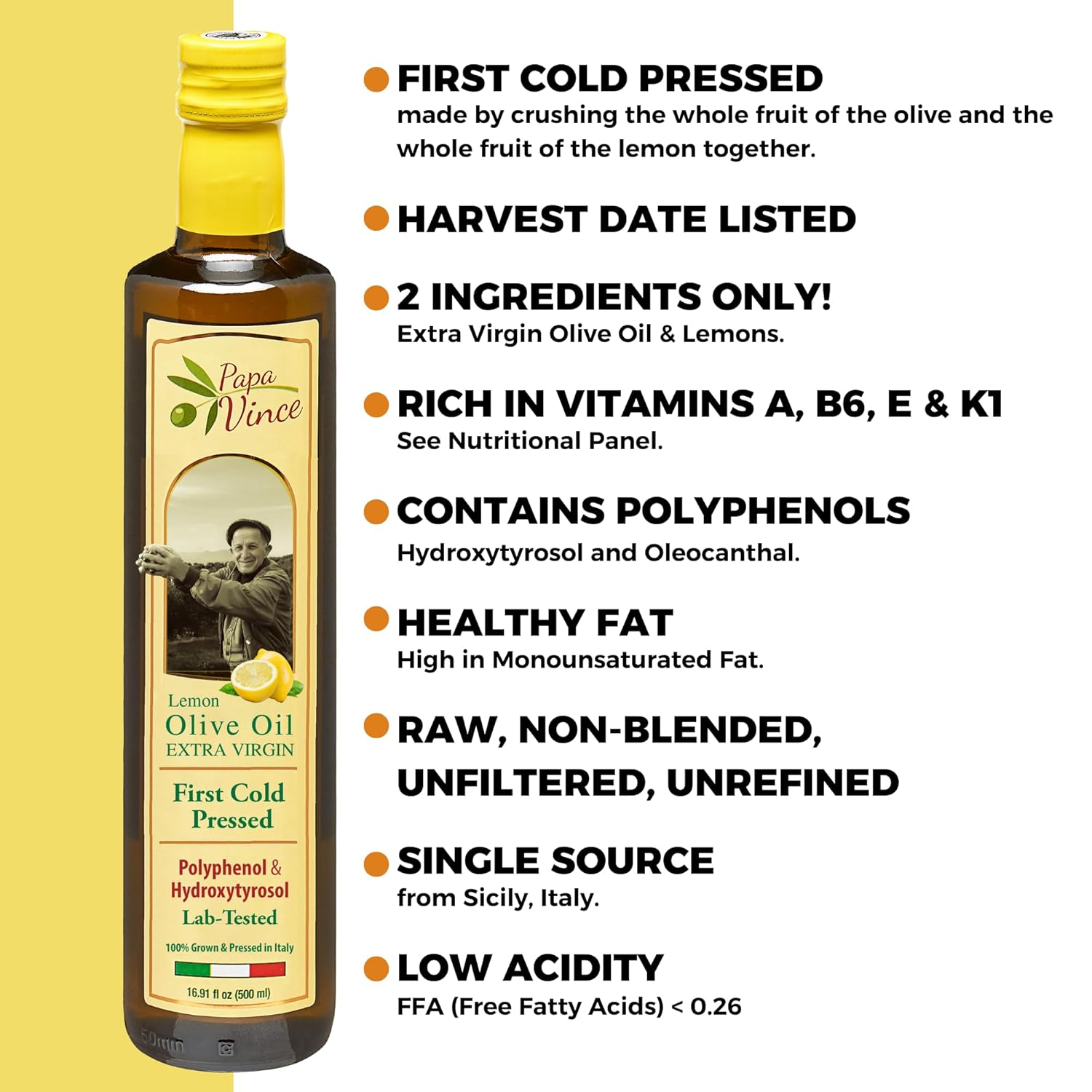 Papa Vince Olive Oil Extra Virgin - First Cold Pressed, Polyphenol Rich Olive Oil (EVOO). Lemon Agrumato, Unfiltered, Single Sourced, Glass Bottle, Family made, Sicily, Italy - Image 3