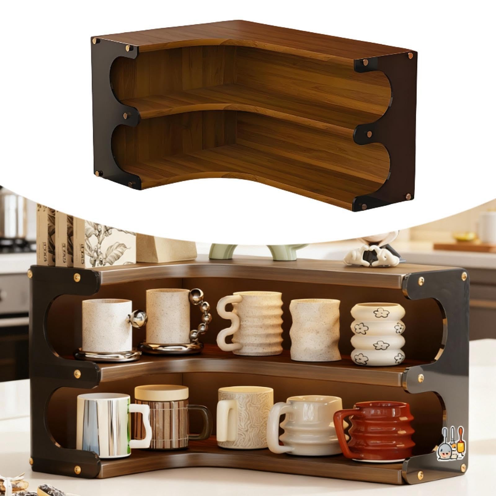 Scaffale angolare in legno di noce, scaffale portaoggetti a 2 ripiani per cucina, dispensa, ristorante e sala da pranzo a casa, design salvaspazio